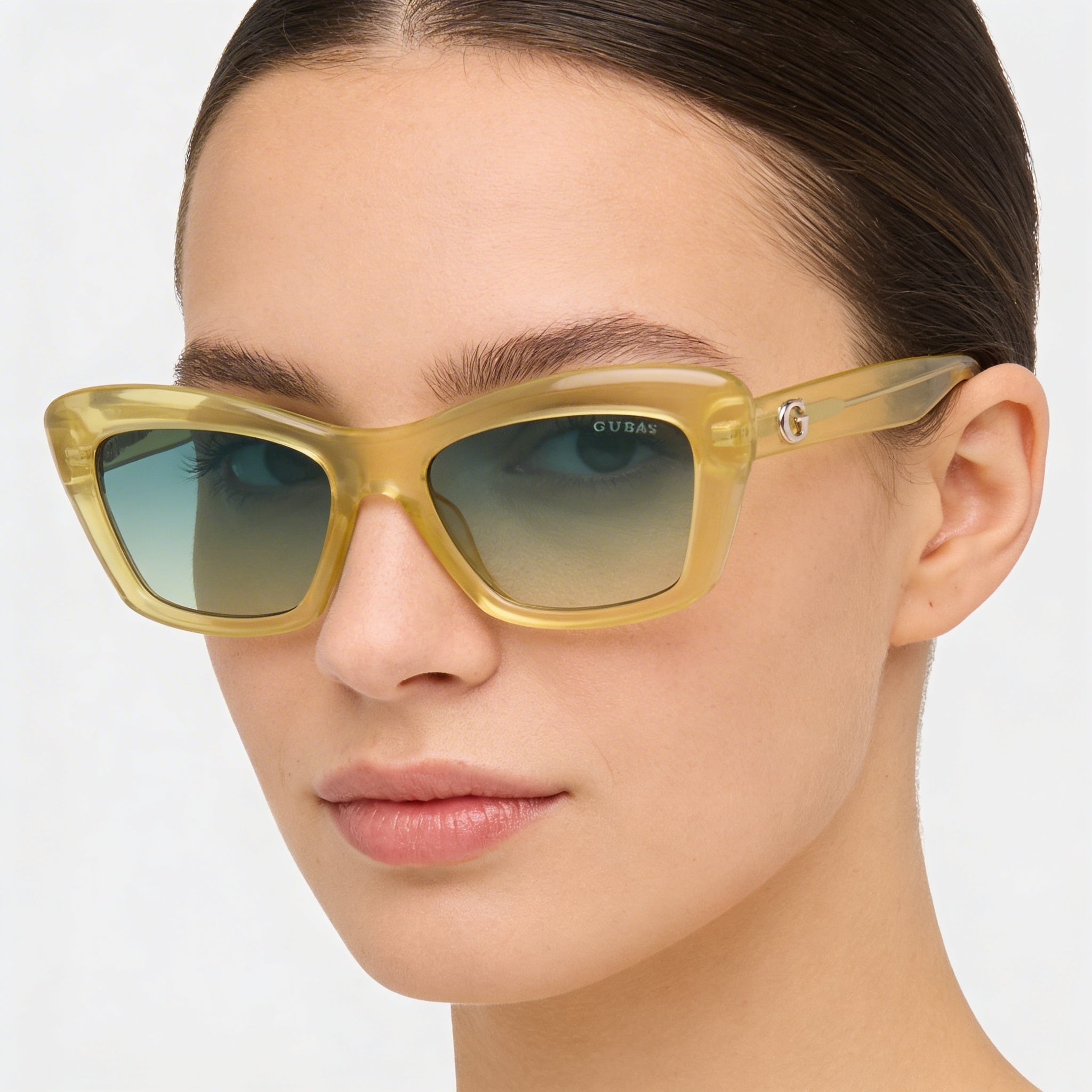 Gafas de sol rectangulares de plástico Guess para mujer, montura amarillo claro brillante, lentes verdes degradadas, protección UV, 52mm, Photo 4