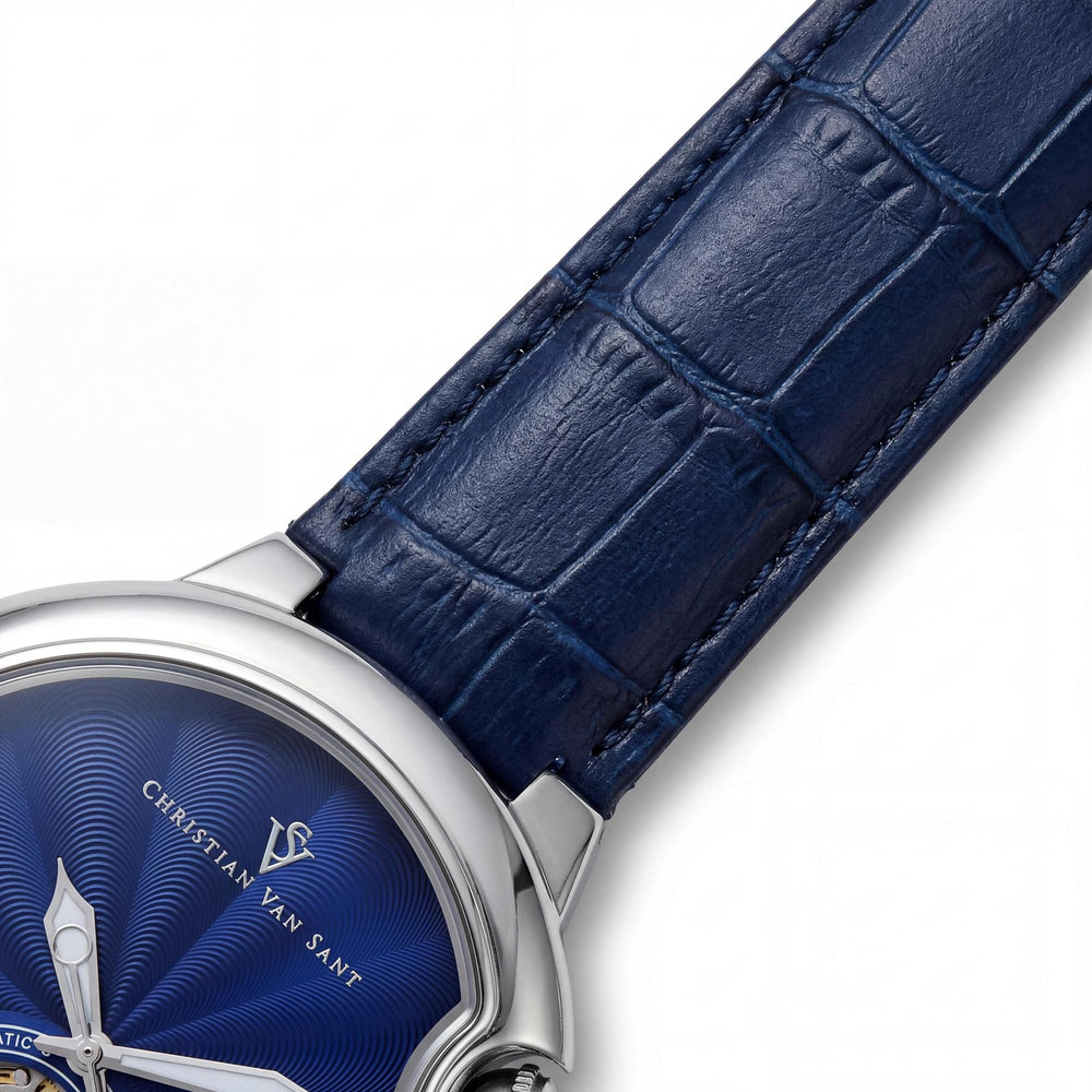 Christian Van Sant Cyclone Automatic Men's Blue Dial Stainless Steel Leather Strap 46mm Water Resistant 50m Watch
