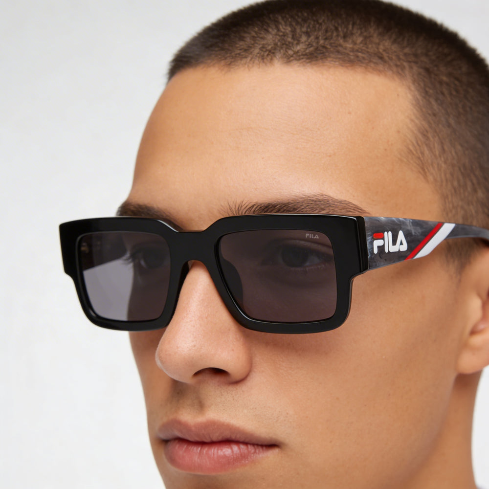 Fila Casual Men's Sunglasses featuring Shiny Black Acetate Frame and Smoke Crystal Lenses 51-20-140