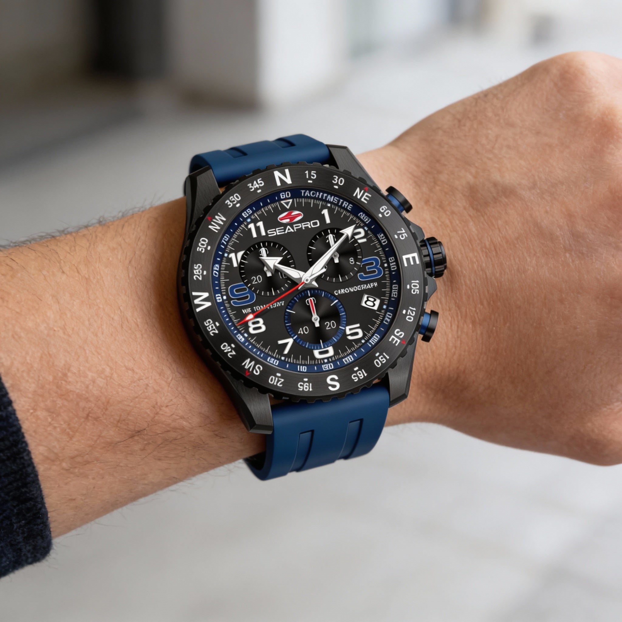 Seapro Men's Quartz Chronograph Watch, Black Stainless Steel Case, Rubber Strap, 100M Water Resistant, Photo 5