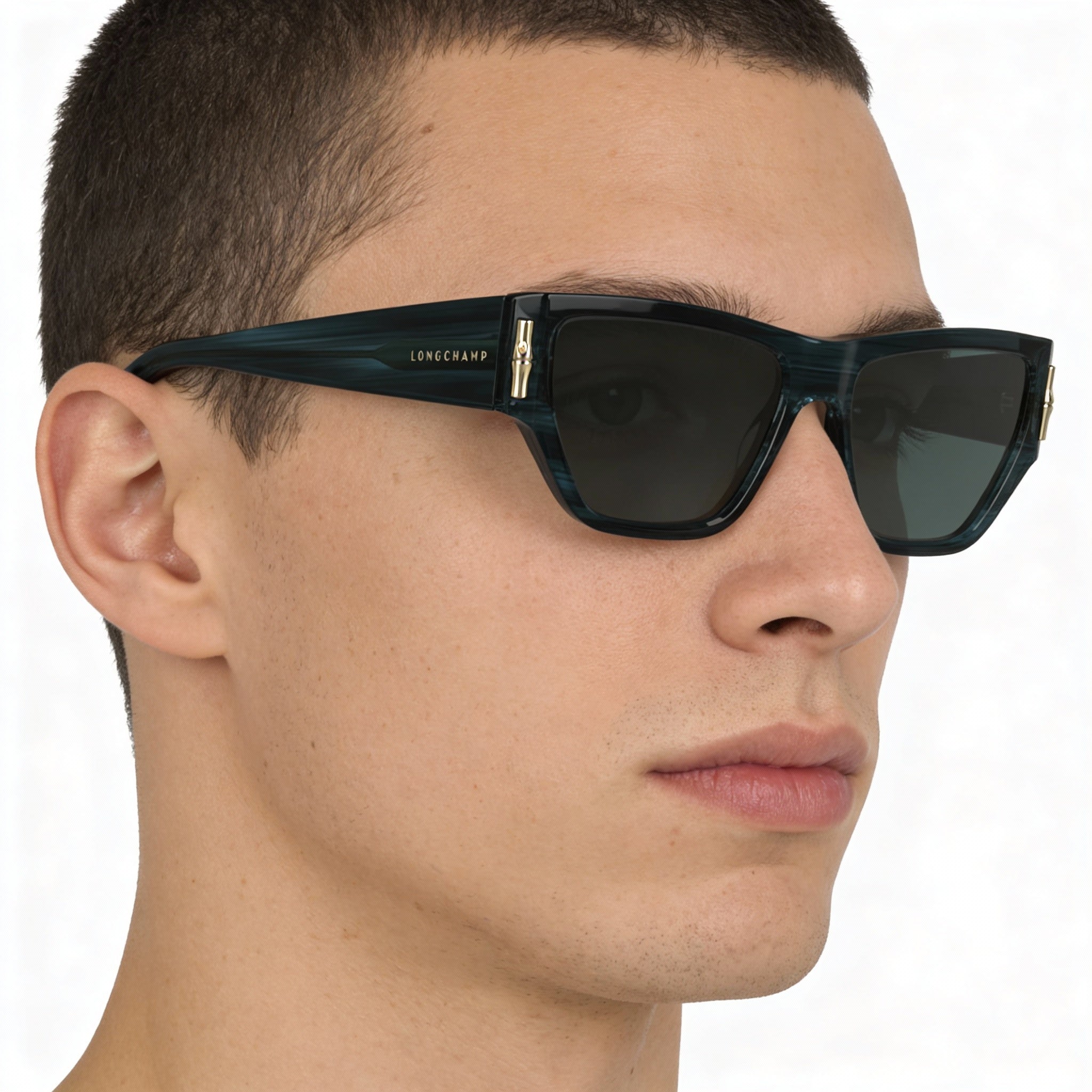 Longchamp Modern LO774S Men's Sunglasses with Striped Blue Frame and Lenses, Modified Rectangle Shape, 17mm Bridge, 140mm Temple, Photo 4