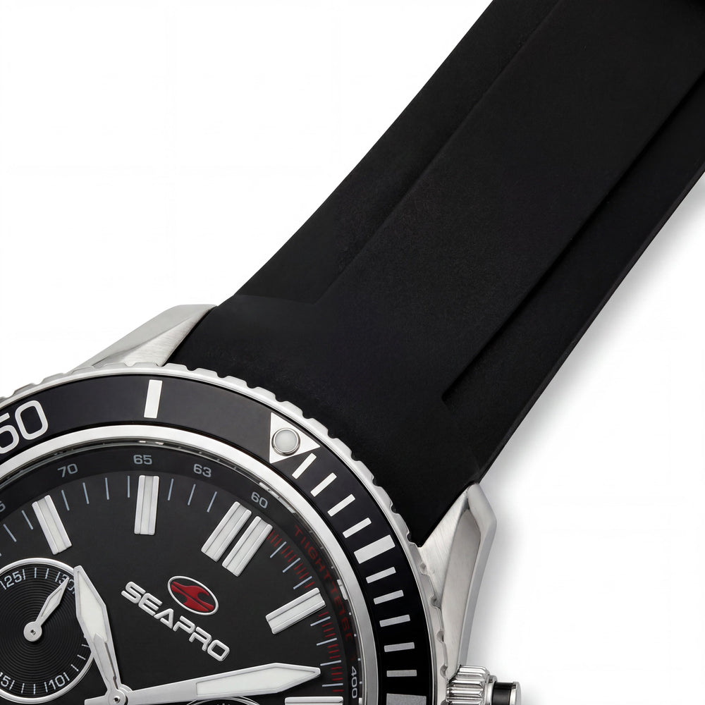 Reloj Seapro Thrash de cuarzo para hombre SP0330, correa de silicona, caja de acero inoxidable negra, cronógrafo, fecha, bisel giratorio, resistente al agua 100m