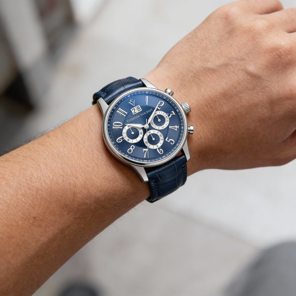Christian Van Sant Men's Chronograph Watch featuring a Blue Dial, Stainless Steel Case, and Leather Strap