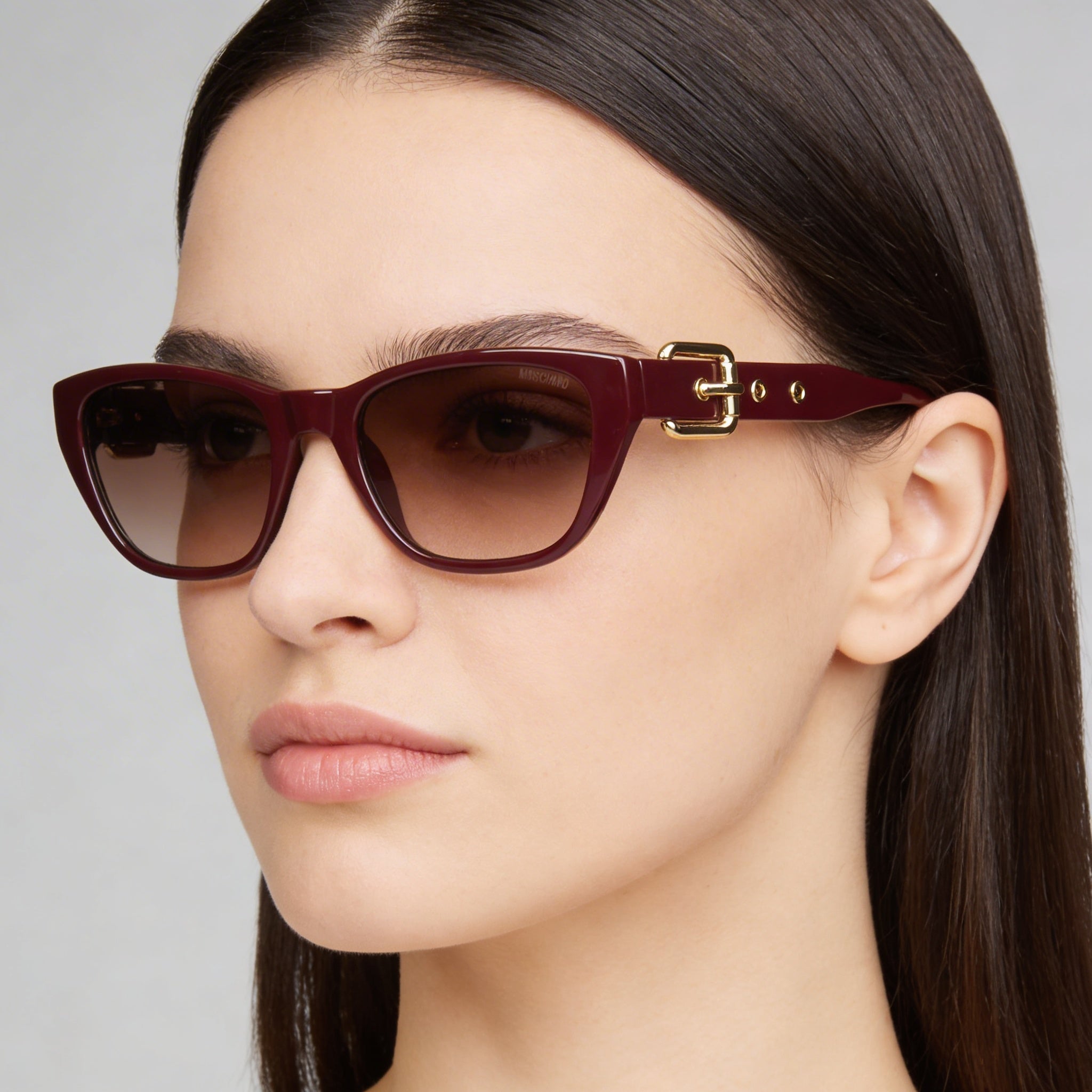 Gafas de sol Moschino MOS130/S Cat Eye para mujer, protección UV, montura burdeos con degradado marrón, lentes marrones, 55 mm, Photo 5
