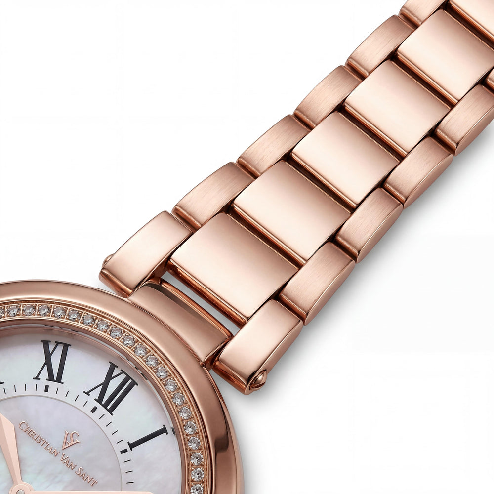 Christian Van Sant CV0232 Reloj Cybele para mujer con esfera de nácar blanca, bisel de cristal y manecillas de oro rosa