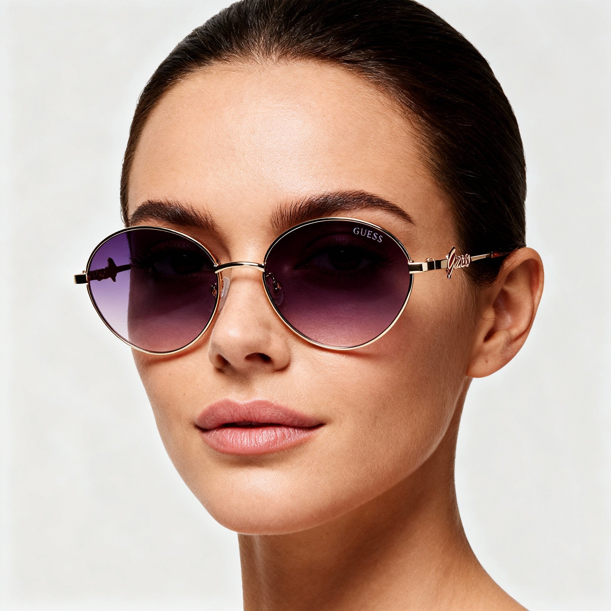 GUESS GF4014 Women's Round Non-Polarized Sunglasses 50mm, Gold Gradient Mirror Violet Metal Frame, Violet Plastic Lens, Photo 4