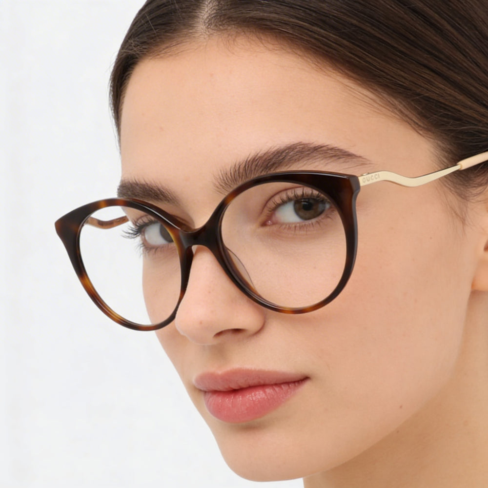 Gucci Women's Round/Oval Havana Gold Transparent Acetate Optical Eyeglasses with Transparent Lenses 52mm