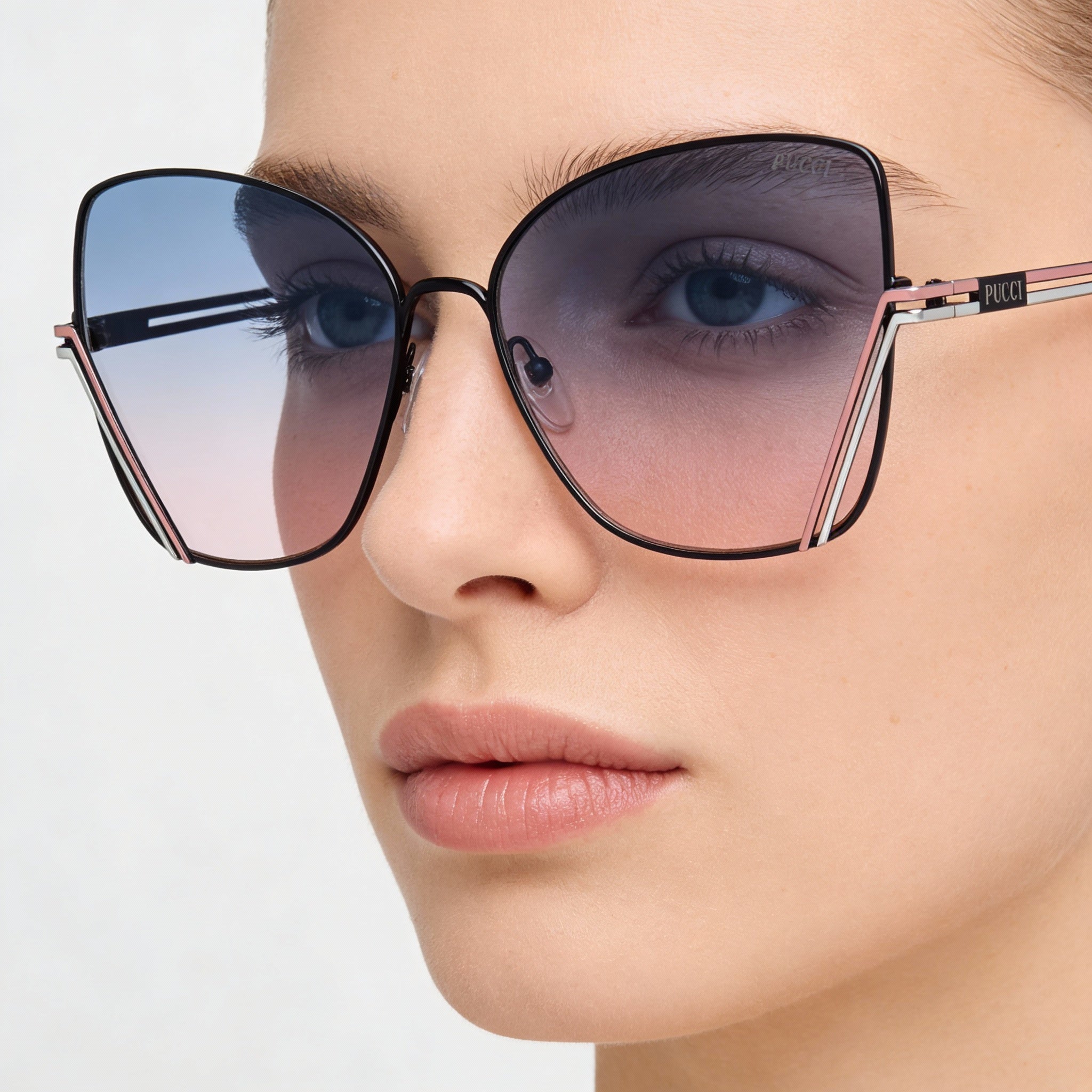 Gafas de sol Emilio Pucci Casual para mujer, de metal, con protección UV, montura azul brillante, rosa y blanco, lentes degradados de azul a rosa, 59 mm, Photo 3