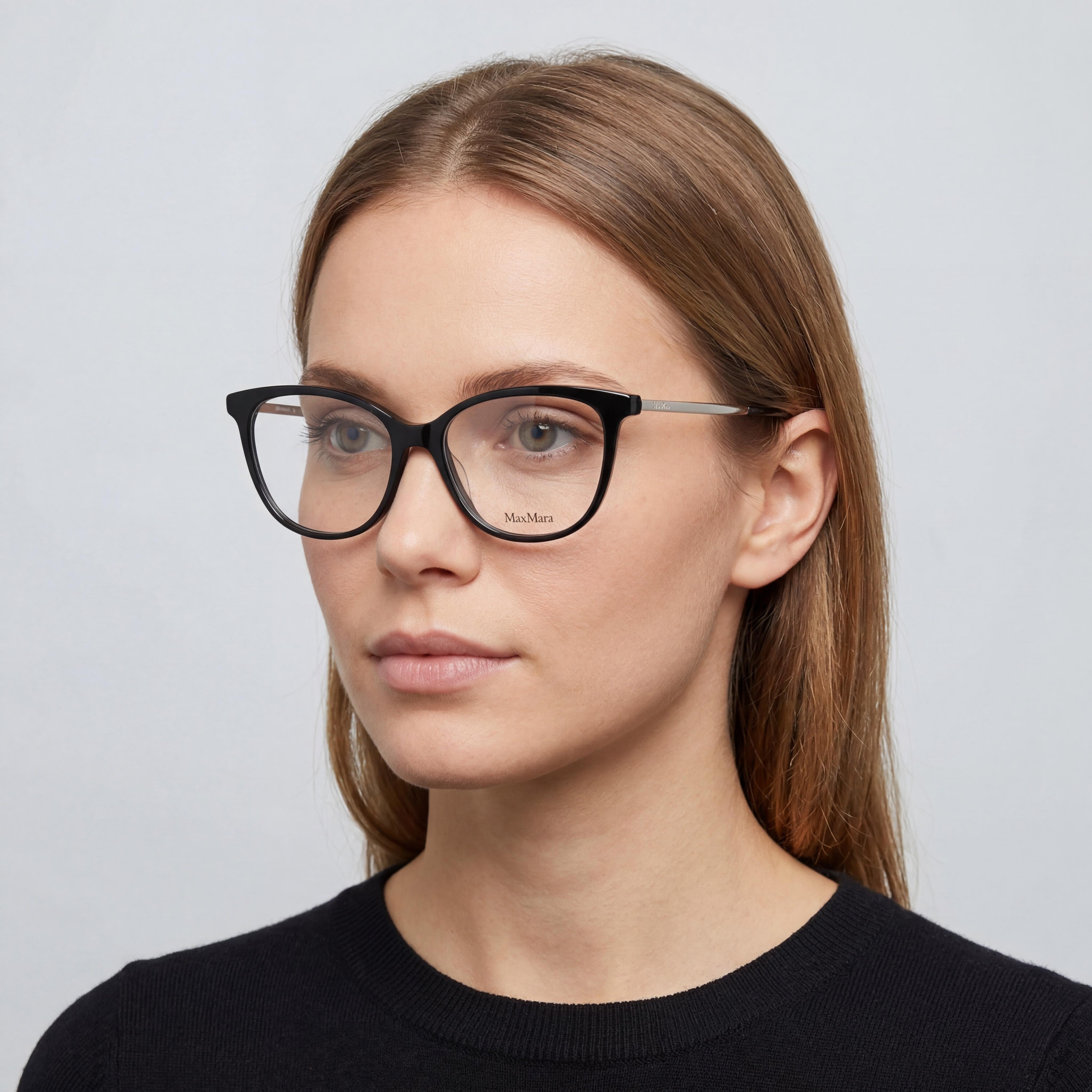 MaxMara Mm5008-f Women's Shiny Black Acetate Full-Rim Square Eyeglasses with Transparent Lenses 54-16-145, Photo 3