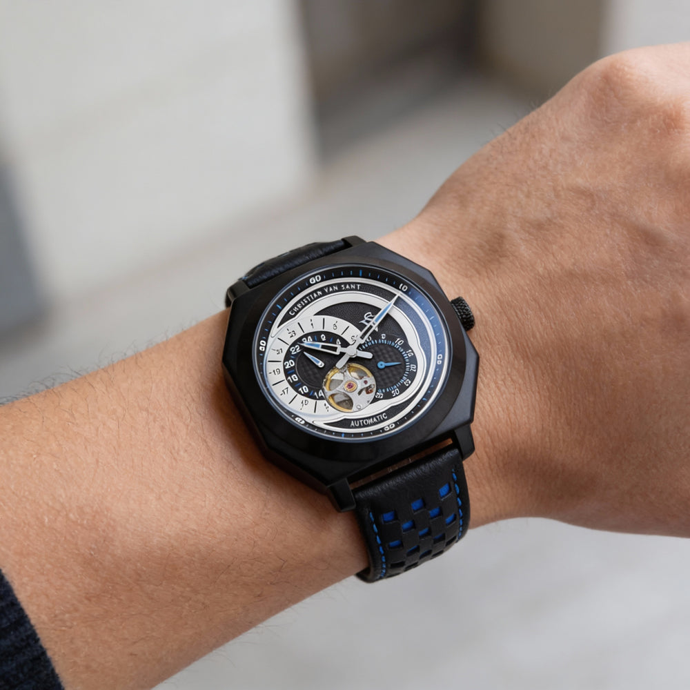 Reloj automático multifunción Christian Van Sant para hombre con caja negra, esfera negra y cristal mineral resistente a los arañazos.