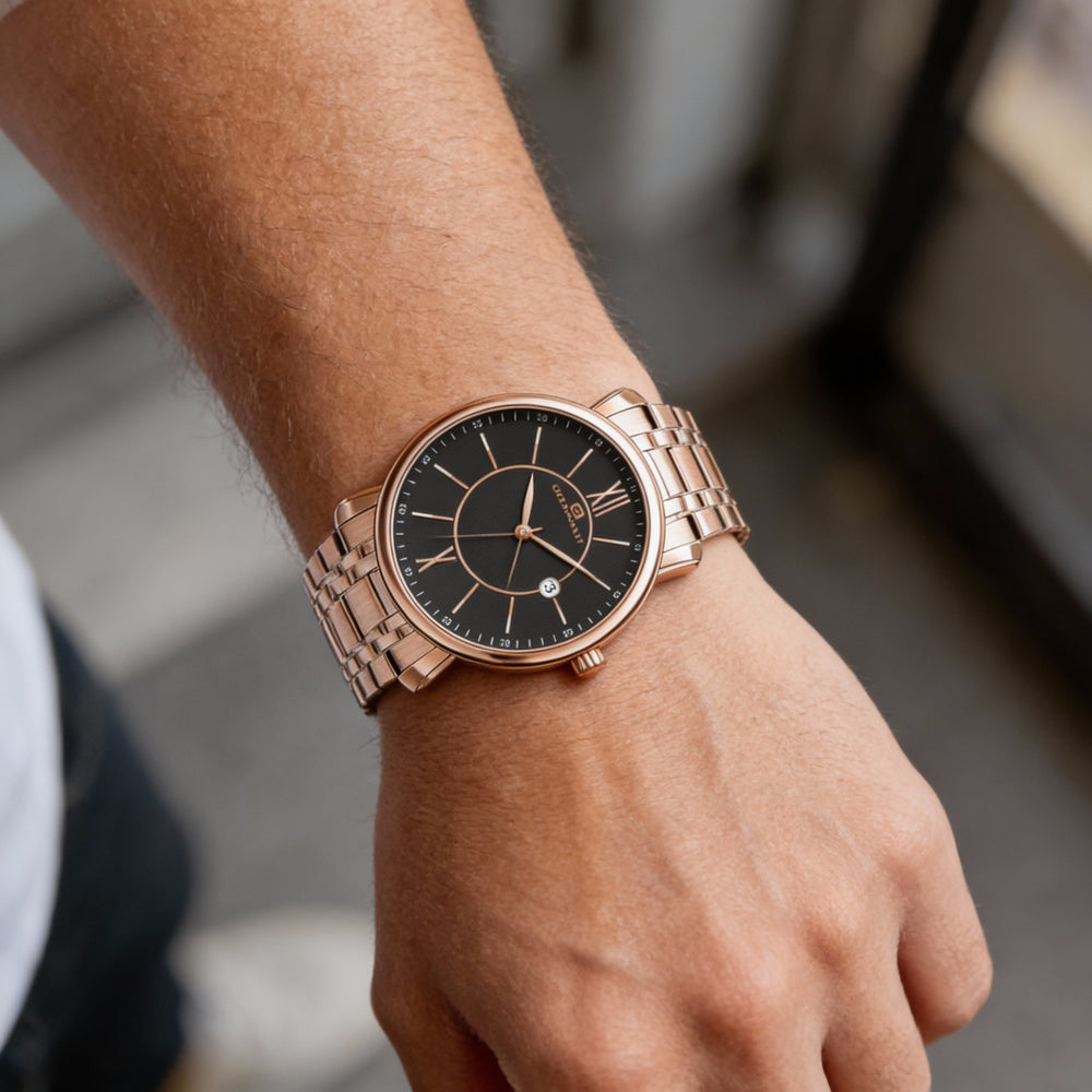 Pulsera Oceanaut para hombre, esfera negra, caja y pulsera de acero inoxidable, movimiento de cuarzo, reloj resistente al agua con mineral resistente a arañazos.