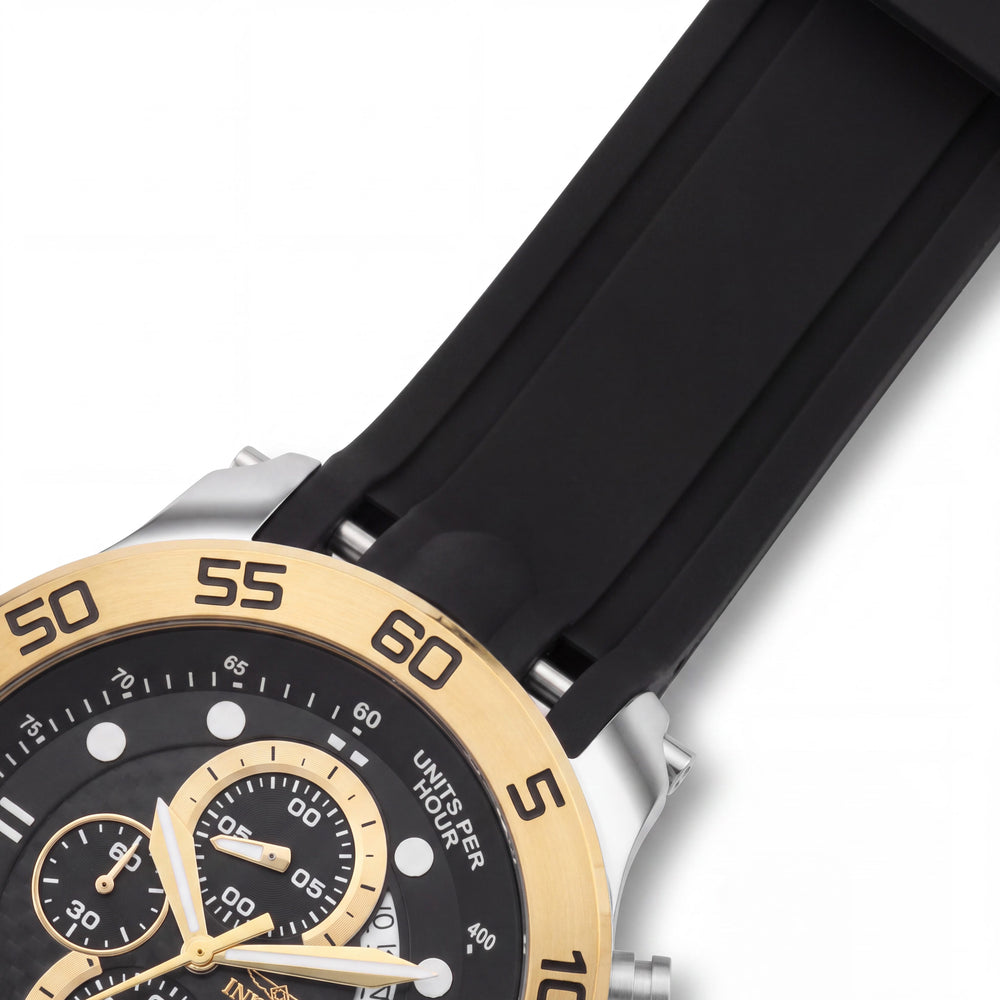 Reloj cronógrafo Invicta 19253 para hombre con pulsera de acero inoxidable en tono dorado, poliuretano negro, movimiento de cuarzo japonés, resistente al agua 100M, 51mm