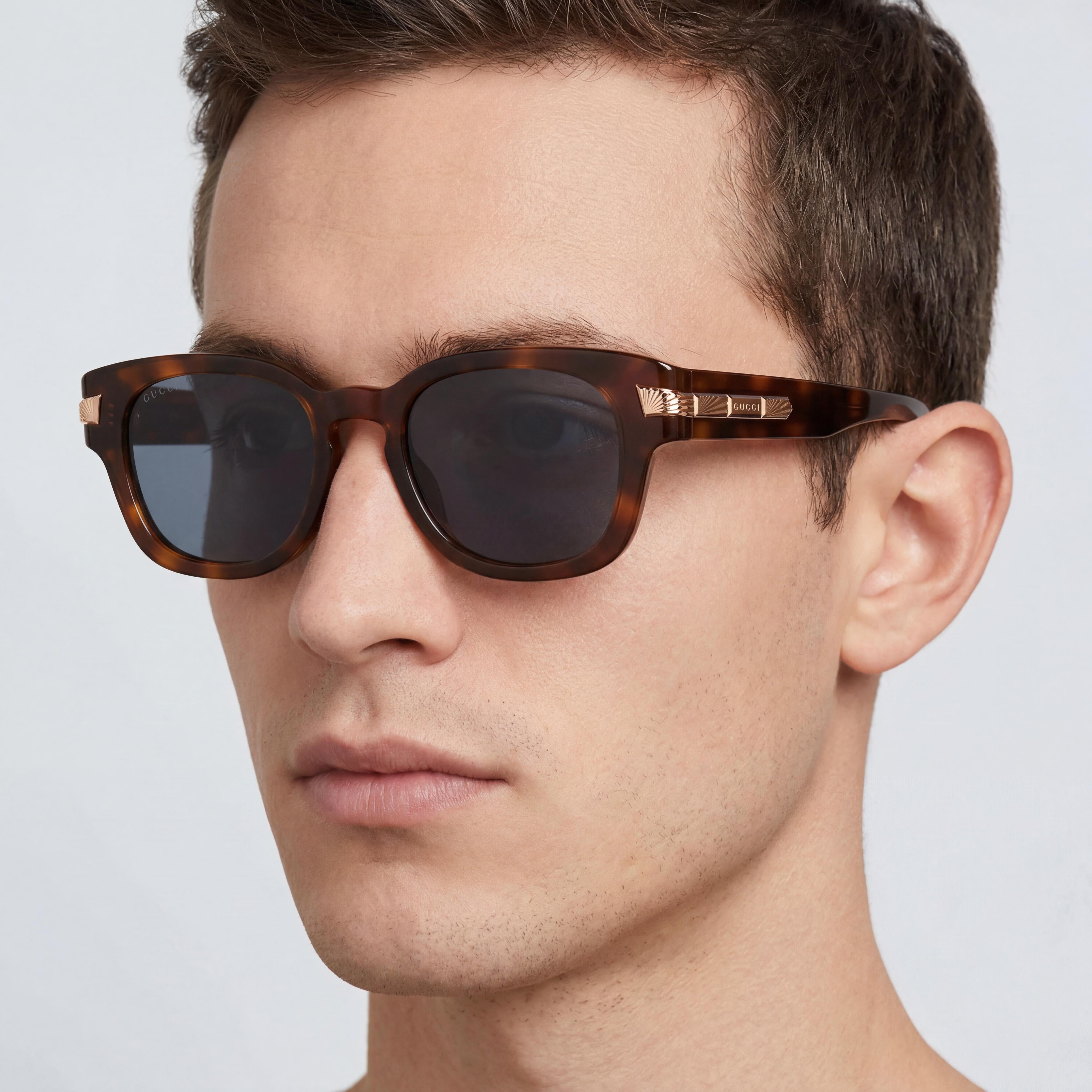 Gucci Casual Men's Havana Acetate Frame Sunglasses with Blue Non-Polarized Lenses, 51mm Lens Width, Photo 4
