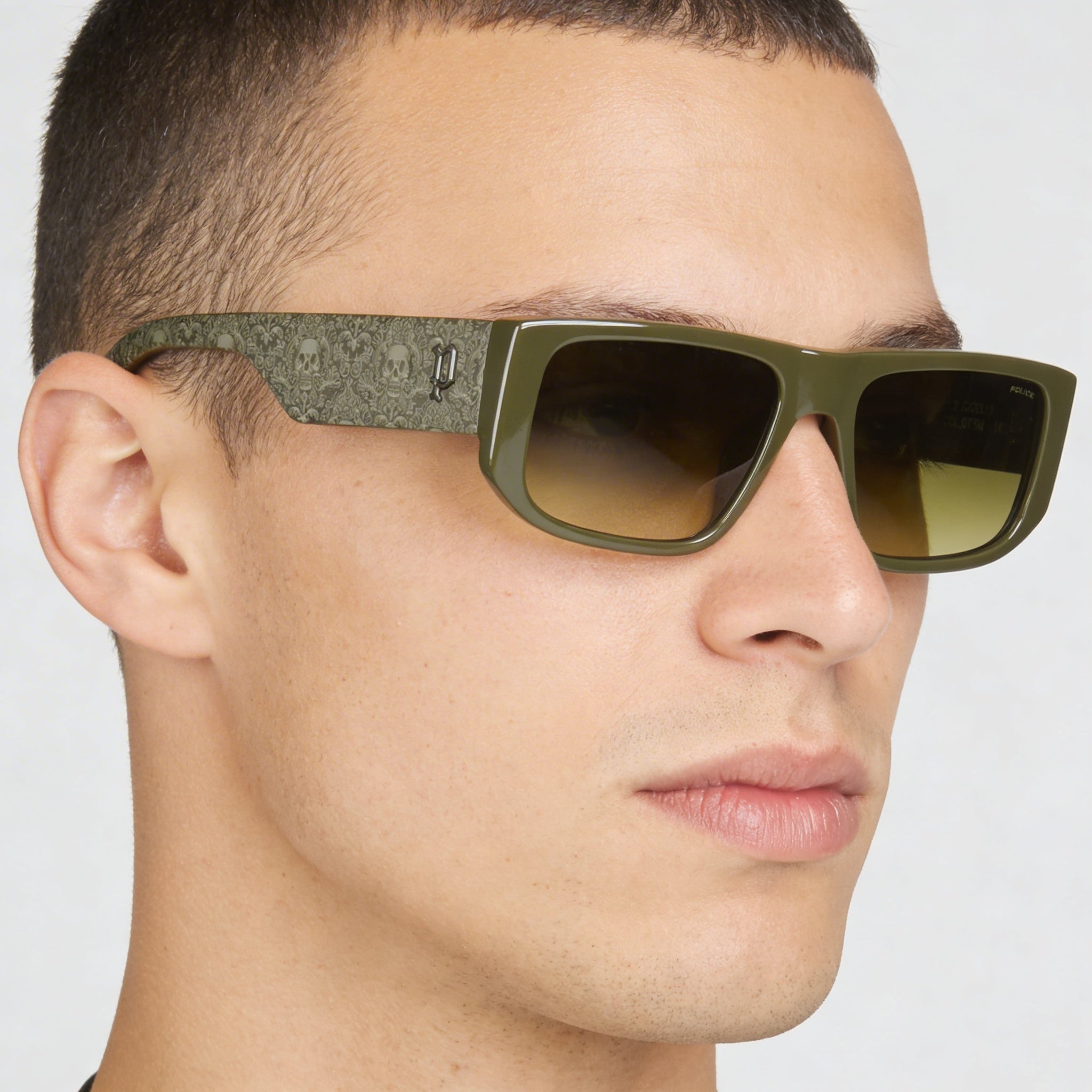 Police SPLL13 Men's Shiny Olive Green Polycarbonate Green Gradient UV Protection Sunglasses 55-18-145, Photo 4