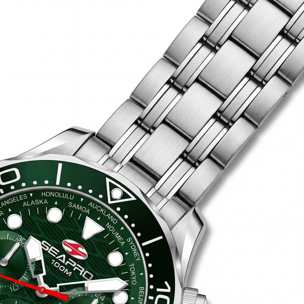 Reloj Seapro Modern para hombre con esfera verde, caja y pulsera de acero inoxidable, resistente al agua hasta 10 ATM.