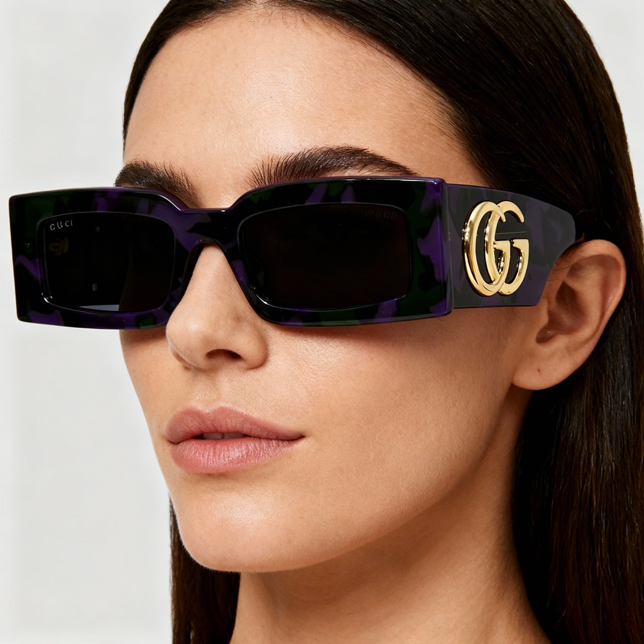 Gucci GG1425S Women's Rectangular Acetate Sunglasses, Havana Purple Green, Gray Non-Polarized Lens, 53mm, Photo 5