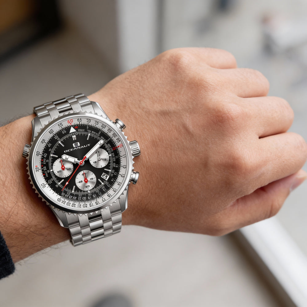 Reloj Oceanaut para hombre, con esfera negra, caja y pulsera de acero inoxidable, cronógrafo, resistente al agua hasta 100 m.