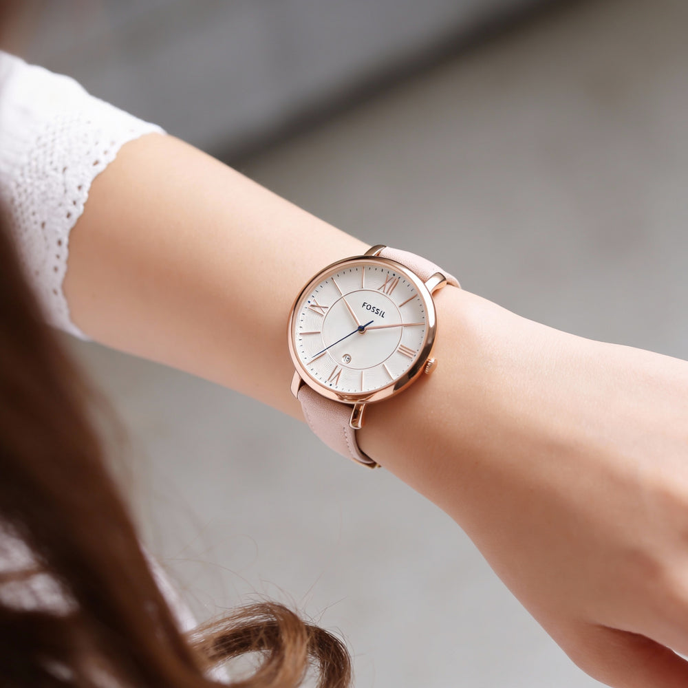 Reloj Fossil Jacqueline para mujer, de acero inoxidable en oro rosa, 36 mm, de cuarzo y piel color rubor, resistente al agua