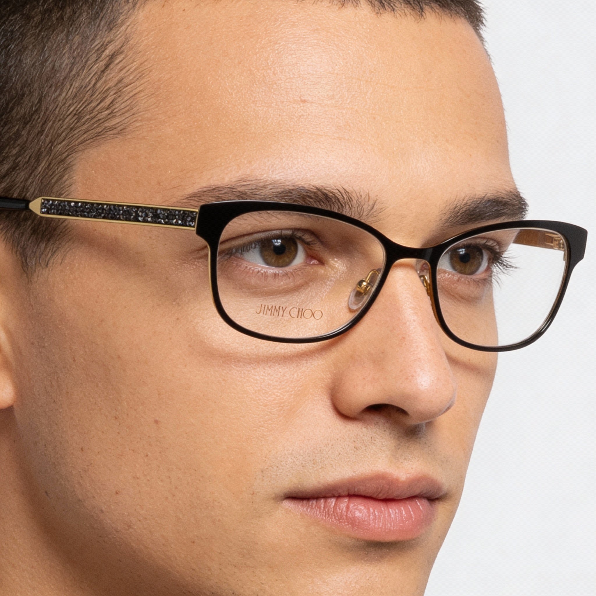 Gafas de moda JIMMY CHOO The Twins para hombre con lentes transparentes, montura de metal y cristales Swarovski, color oro rosa negro mate, 52 mm, Photo 3