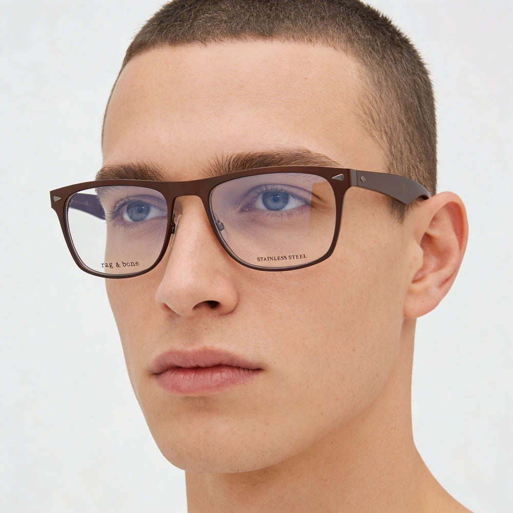 Gafas Rag & Bone Rnb 7011 con montura metálica para hombre, color marrón mate y lentes transparentes, talla 54-18-145