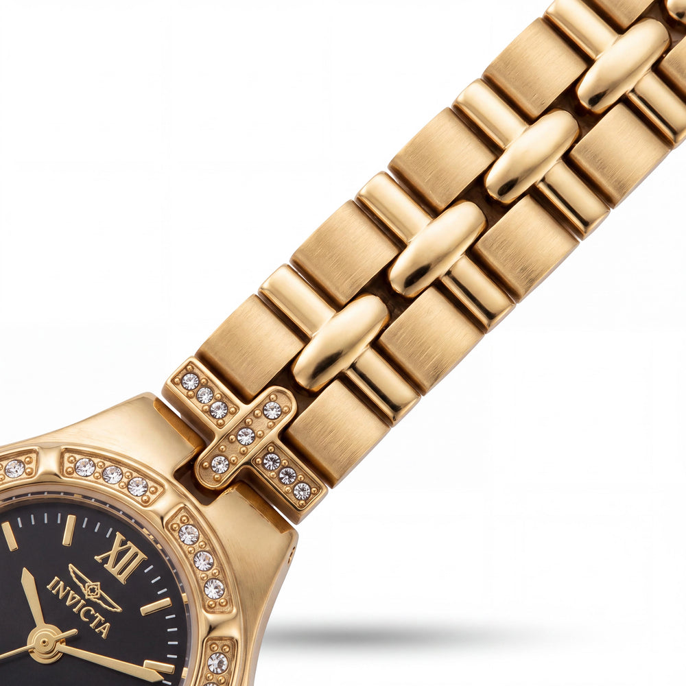 Reloj de cuarzo suizo Invicta Wildflower 17065 de acero inoxidable chapado en iones de oro de 21 mm con esfera negra para mujer