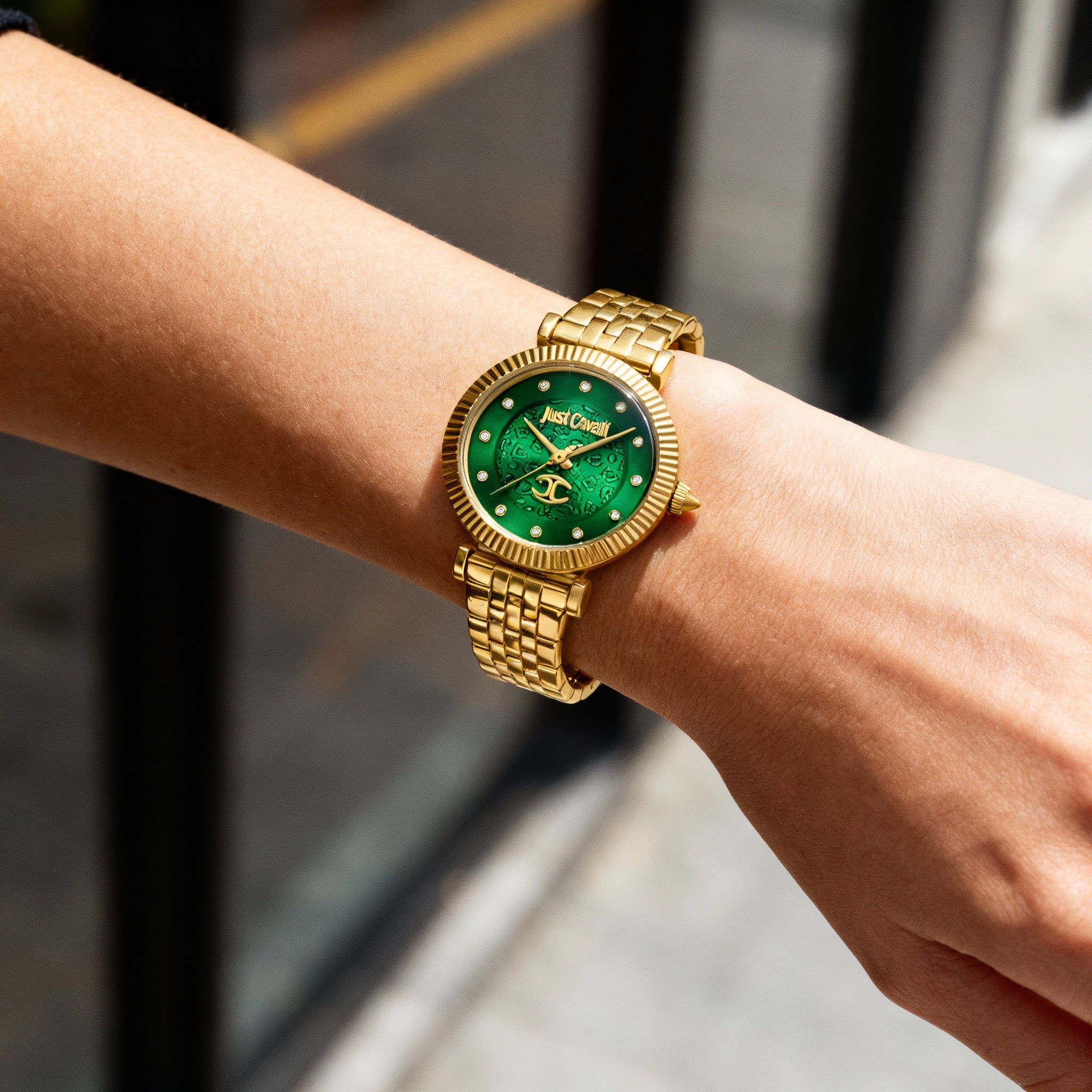 Just Cavalli Unleashed Women's Water Resistant Quartz Watch & Bracelet Set, Bottle Green & Yellow Gold, Photo 4