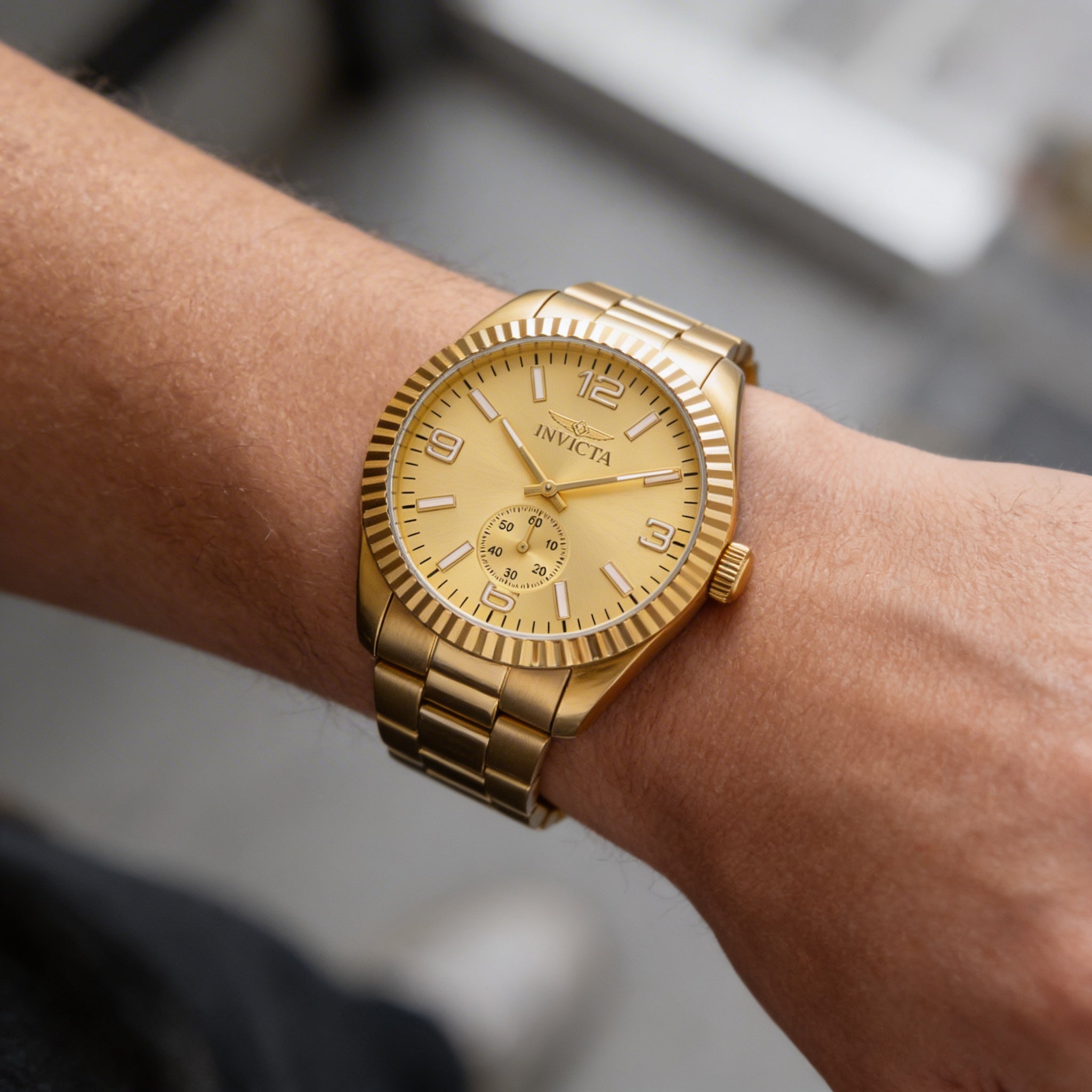 Invicta Specialty 49391 Unisex Quartz Watch, Gold Dial, Stainless Steel Bracelet, 43mm Case, Photo 3
