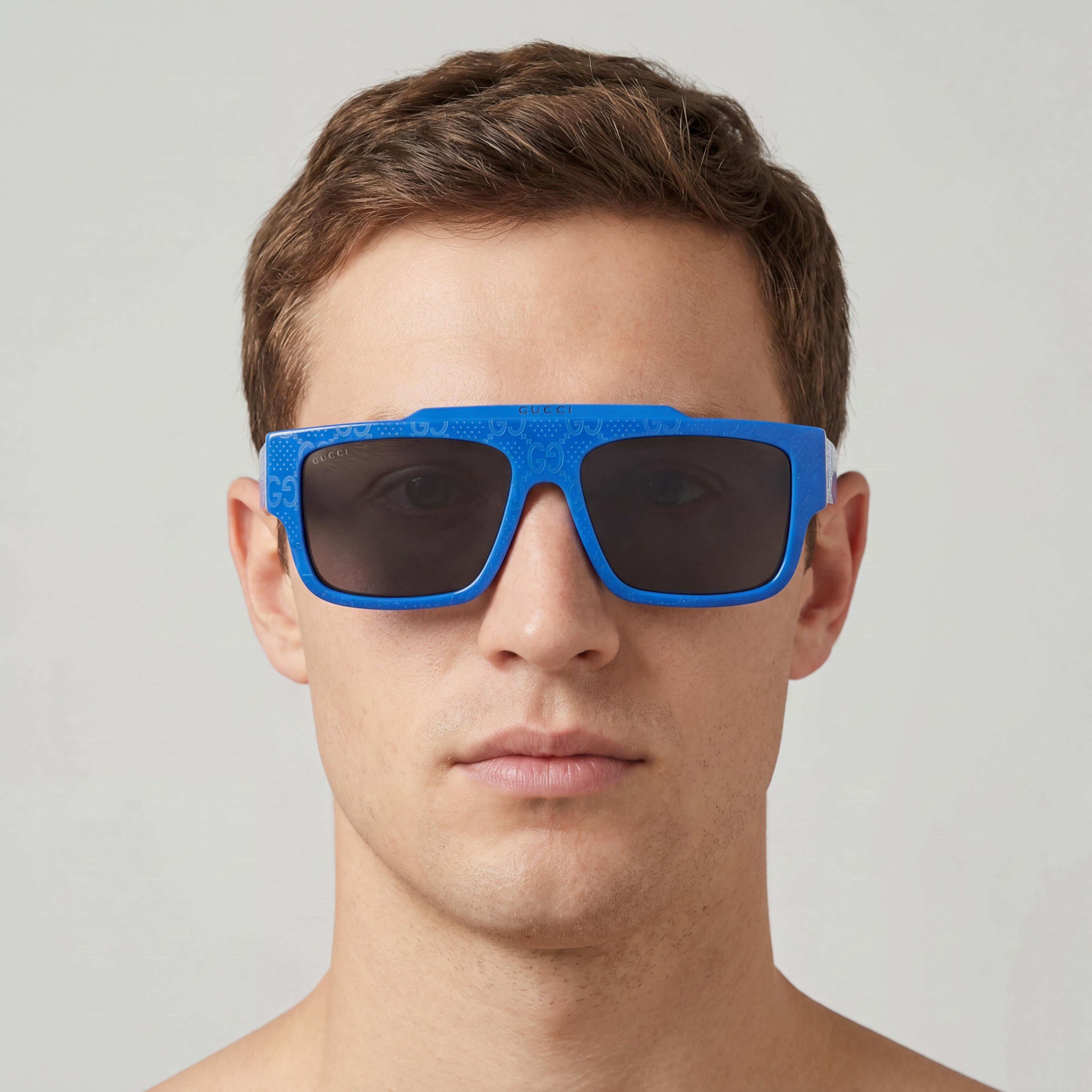 Gucci Men's Square/Rectangle Sunglasses with Blue Recycled Acetate Frame & Grey Blue Lenses 56mm, Photo 5