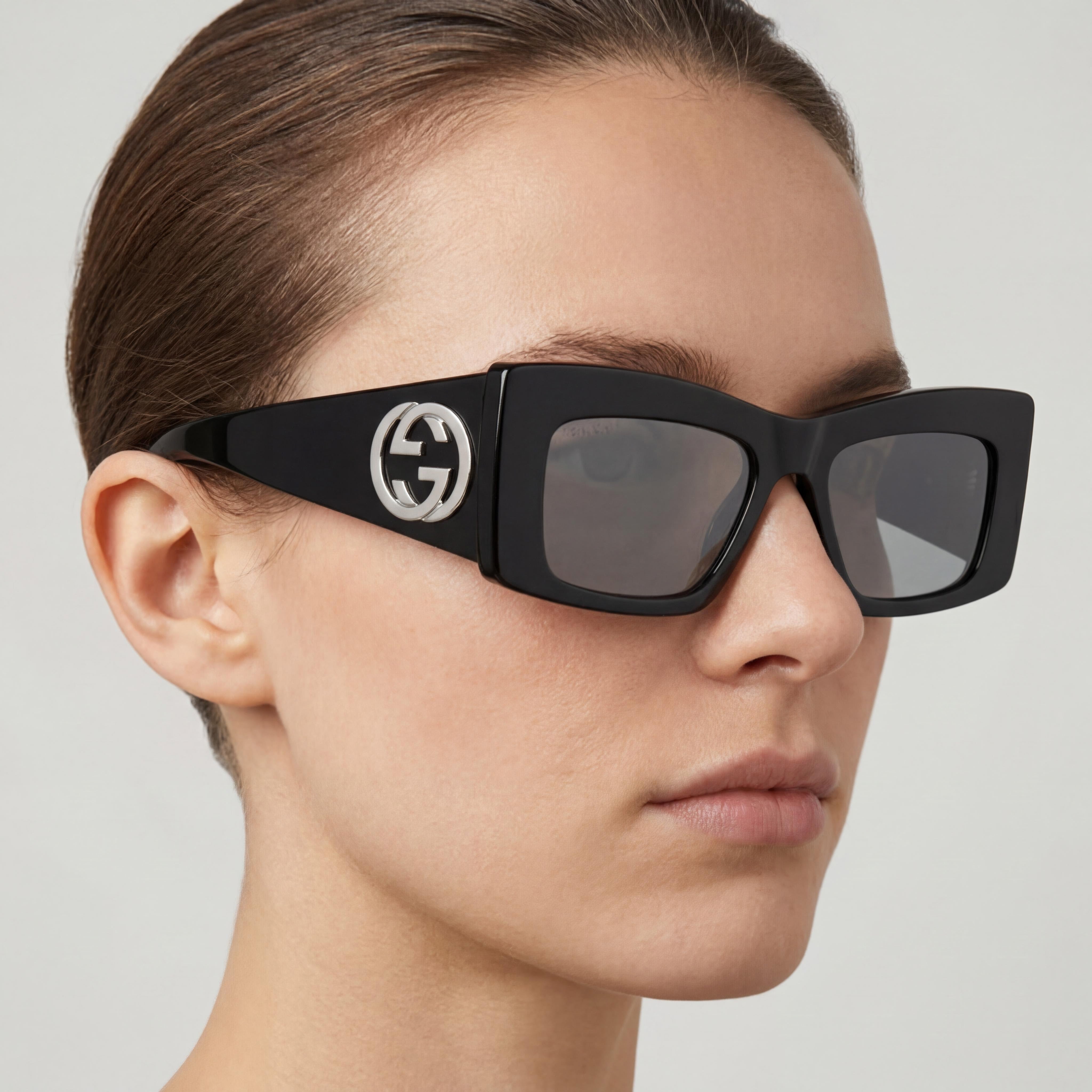 Gucci Classic Women's Black Acetate Frame Oversized Sunglasses with Multicolor Lenses, UV Protection, 53mm, Photo 5