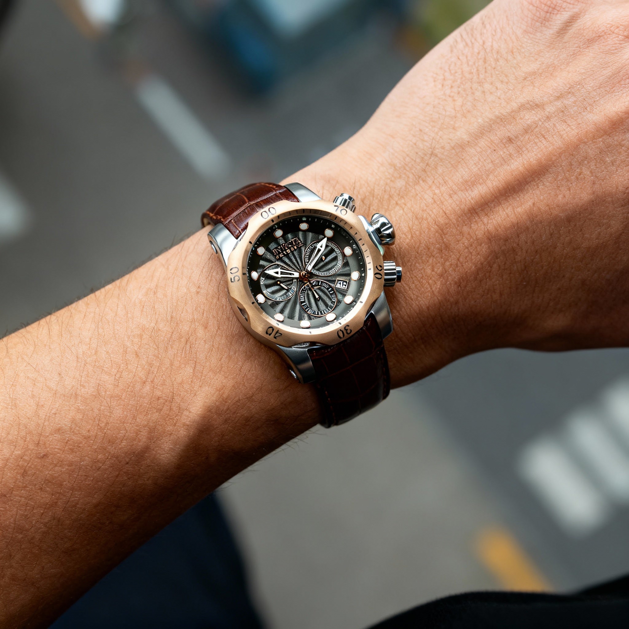 Invicta Reserve Venom 32958 Unisex 54mm Silver Stainless Steel Quartz Watch, Gunmetal Dial, Leather Band, Stopwatch, Photo 3