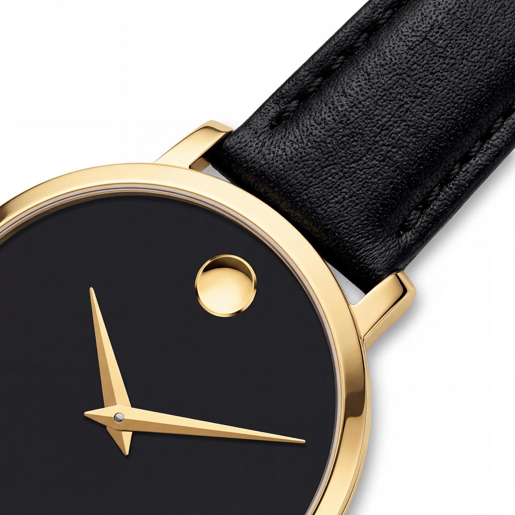 Reloj de cuarzo Movado para mujer con correa de cuero, caja de acero inoxidable y esfera negra, resistente a los arañazos, resistente al agua 3 ATM, Photo 3