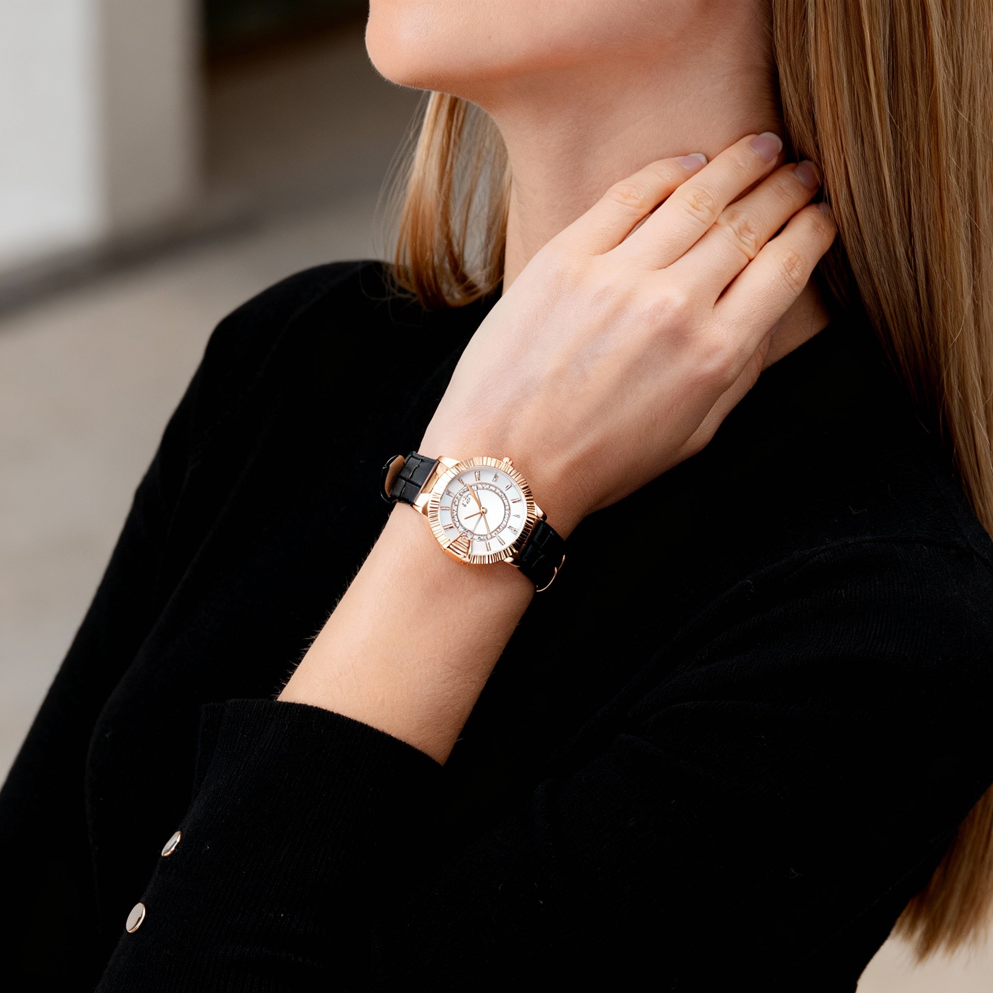 Just Cavalli Fashionable Women's Golden Black Stainless Steel Case Leather Strap Waterproof Watch, Photo 2