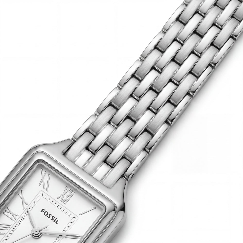 Fossil Raquel Reloj de pulsera con fecha de tres manecillas ES5221 para mujer con caja y brazalete de acero inoxidable tono plateado, 23 mm
