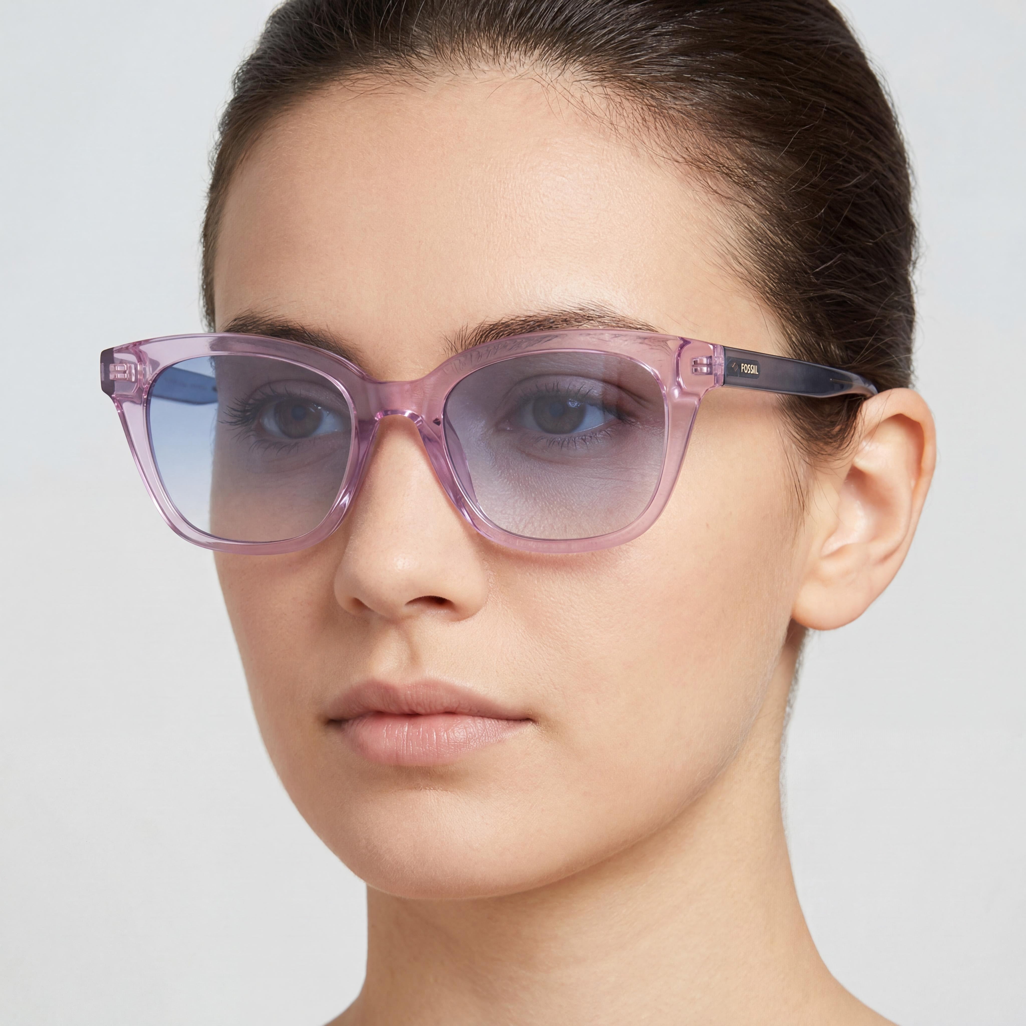Gafas de sol Fossil casuales para mujer, de poliamida ecológica color lila con protección UV y lentes dobles degradadas en azul y melocotón de 51 mm, Photo 4