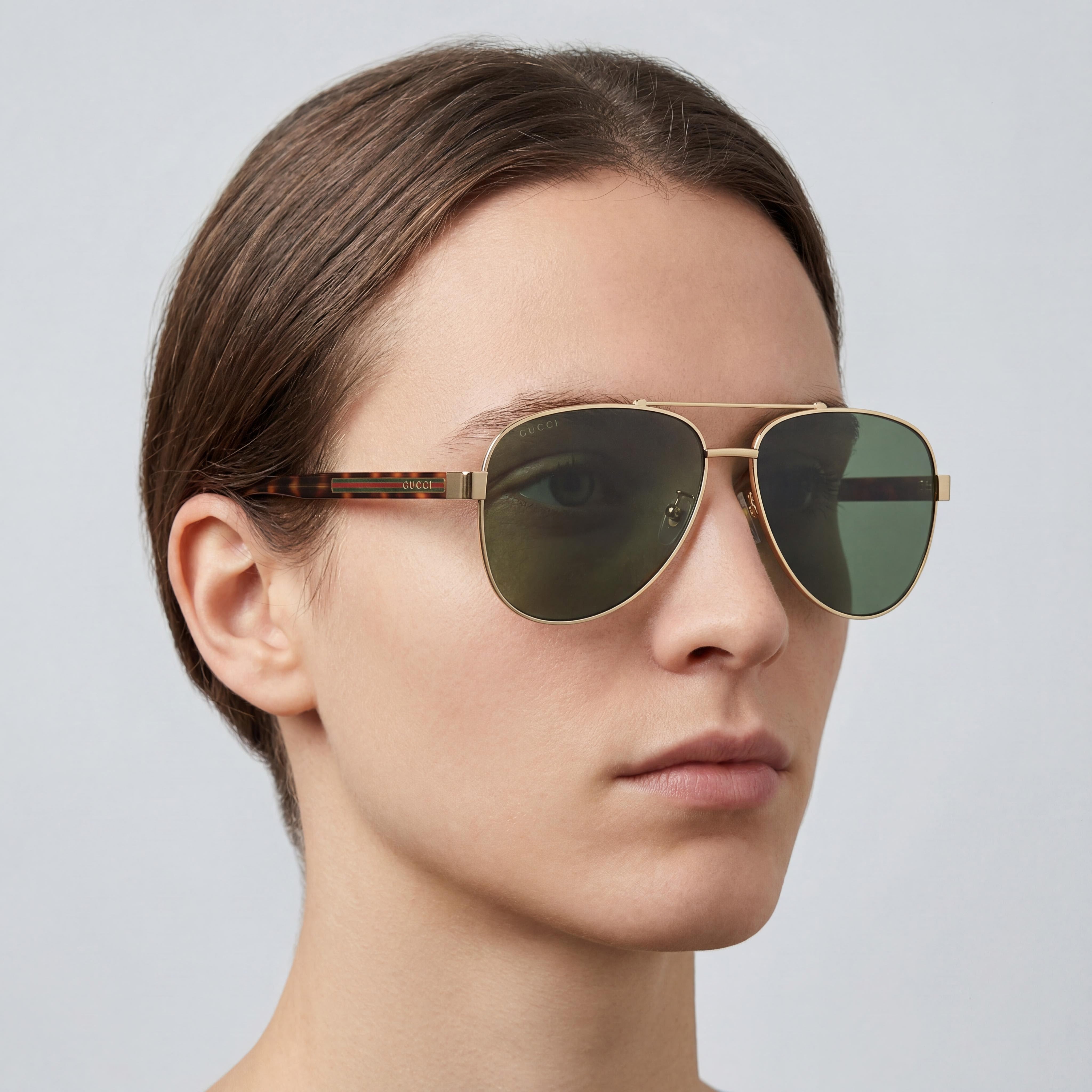 Gafas de sol de aviador Gucci unisex, de plástico dorado con cristal verde, sin polarizar y con protección UV de 63 mm, Photo 5