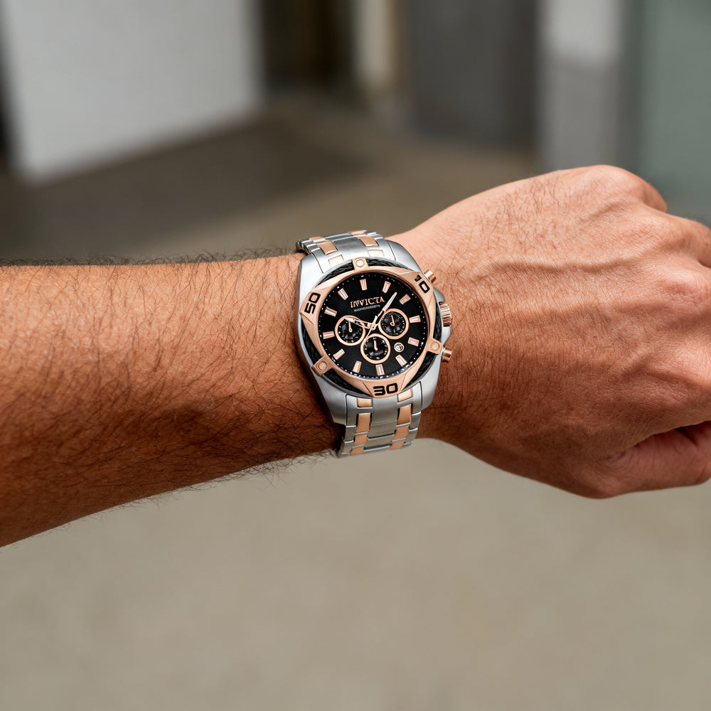 Reloj Invicta Bolt para hombre, cronógrafo, esfera negra, tono plata y oro rosa, acero inoxidable, 50 mm