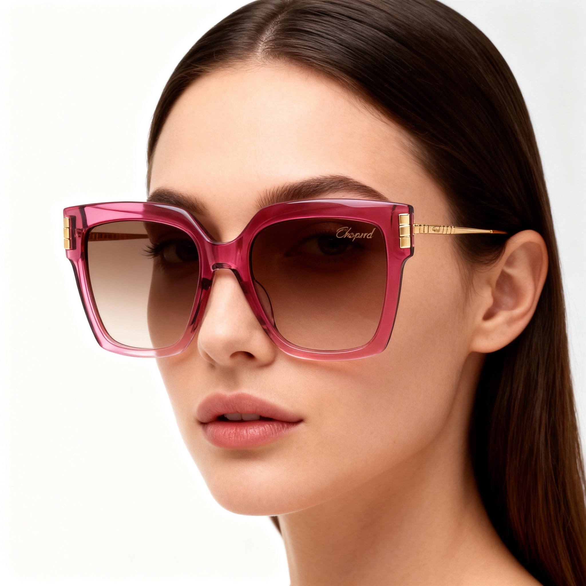 Chopard Sch353m Women's Titanium Square Sunglasses, Shiny Transparent Marc, Brown Gradient Pink Lenses, 54-19-135mm, Photo 5