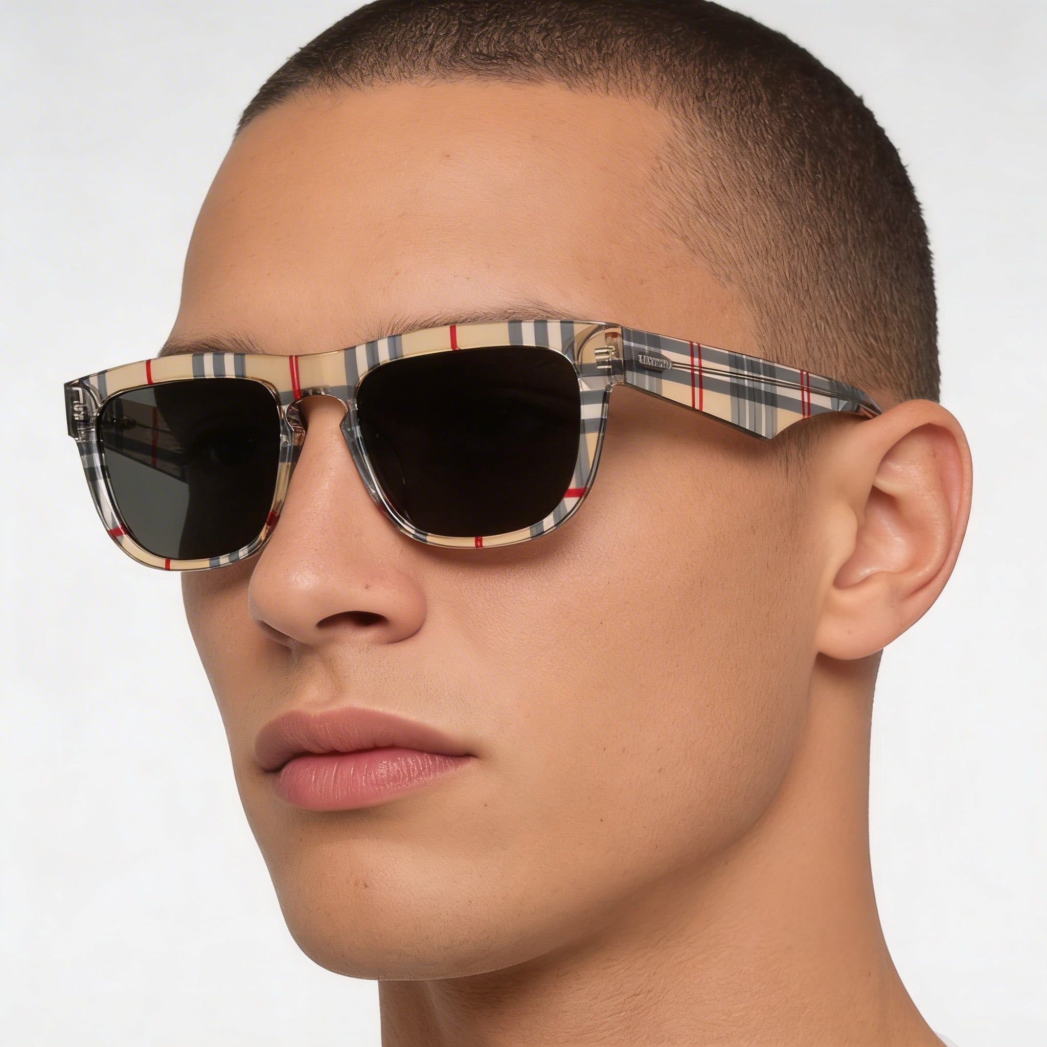 Burberry BE4431U Men's Square Acetate Sunglasses, Havana Gray Solid Frame, Dark Grey Lenses, 56mm, 100% UV Protection, Photo 4