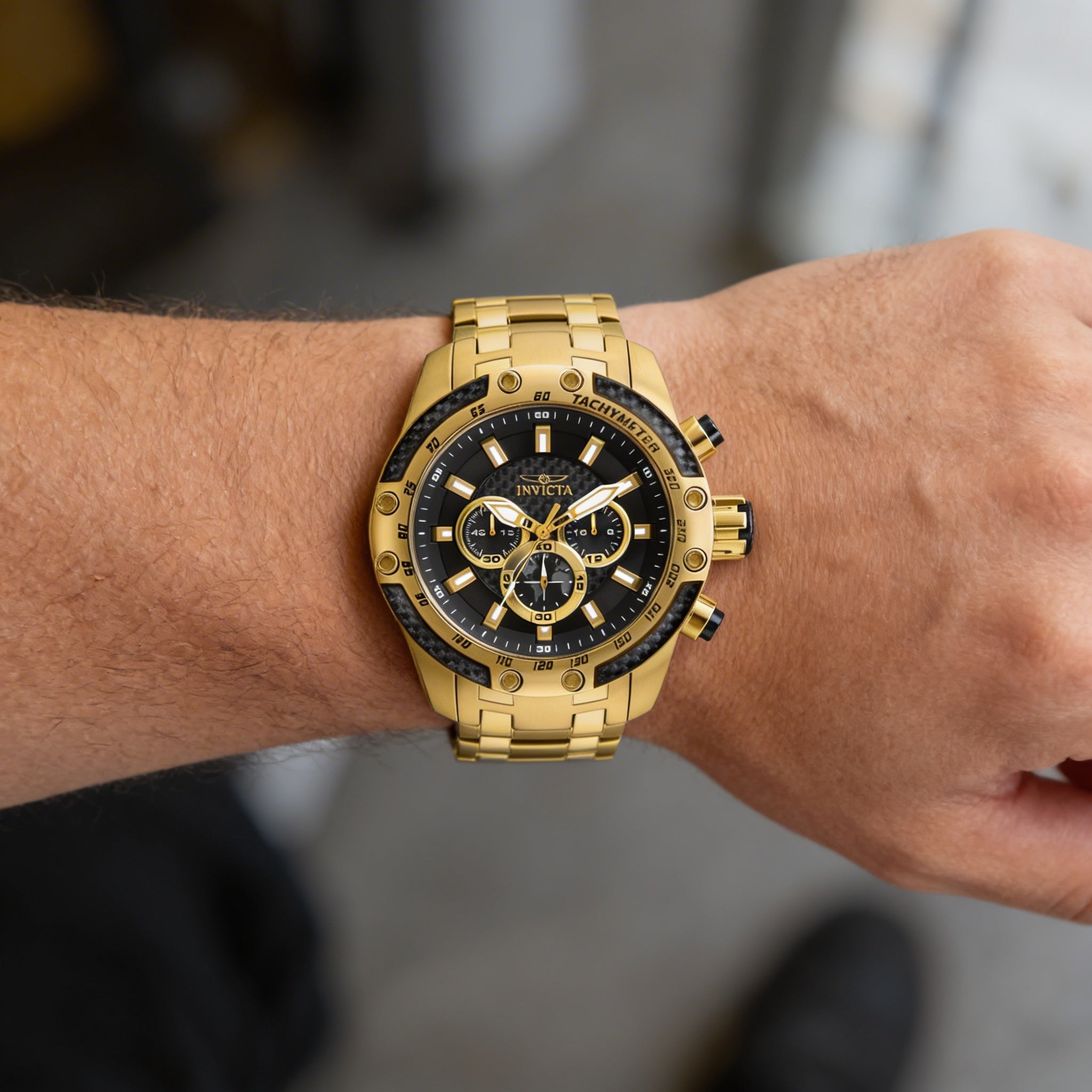 Invicta Speedway Chronograph Men's Gold Tone Black Dial GMT Dual Time Quartz Movement 10 ATM Water Resistant Watch 50mm, Photo 3