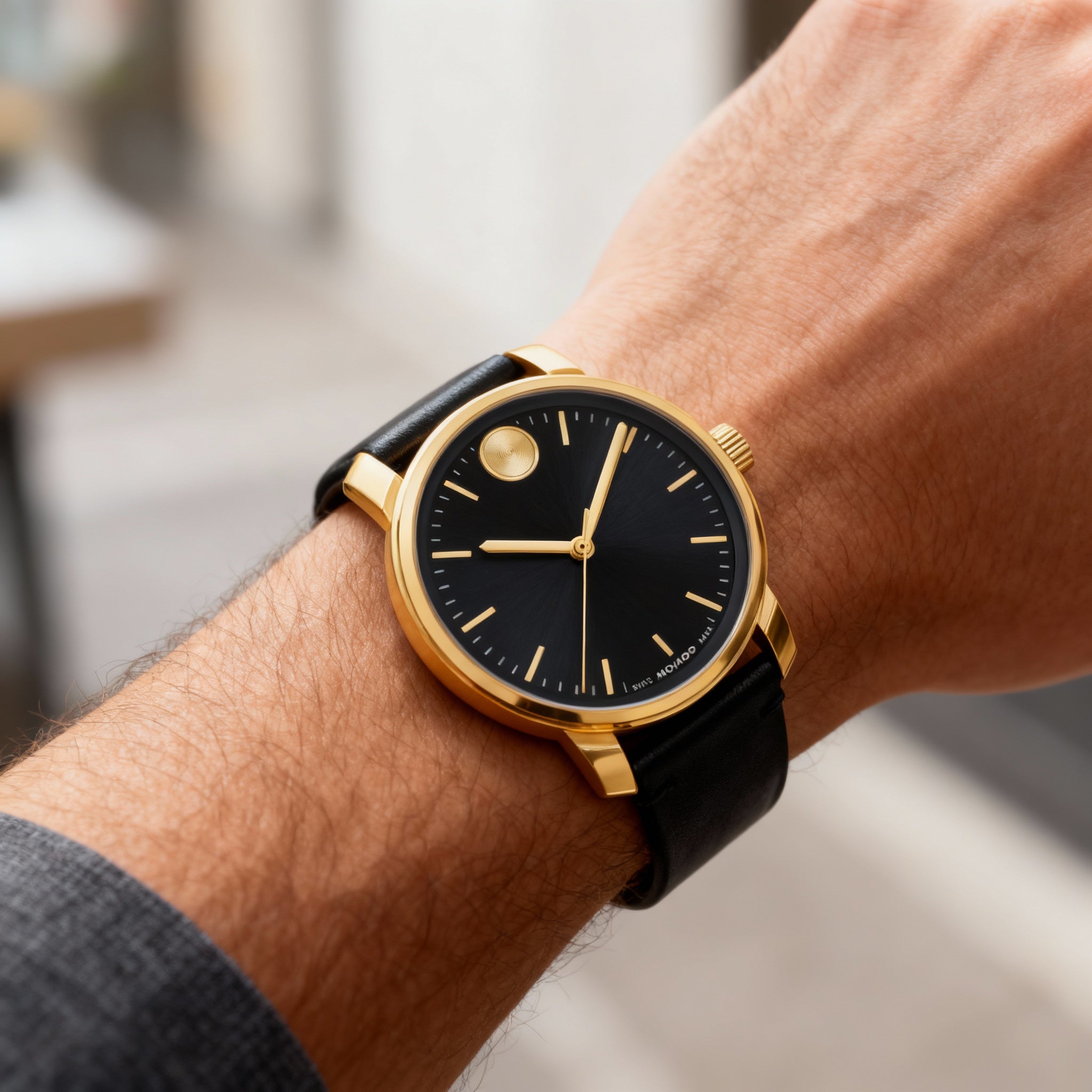 Movado Bold Men's Light Gold Ionic Plated Stainless Steel Case Navy Dial Navy Leather Strap Water Resistant Watch, Photo 4