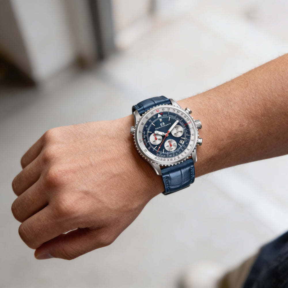 Reloj cronógrafo Oceanaut Classic para hombre con esfera azul, caja de acero inoxidable y correa de piel.
