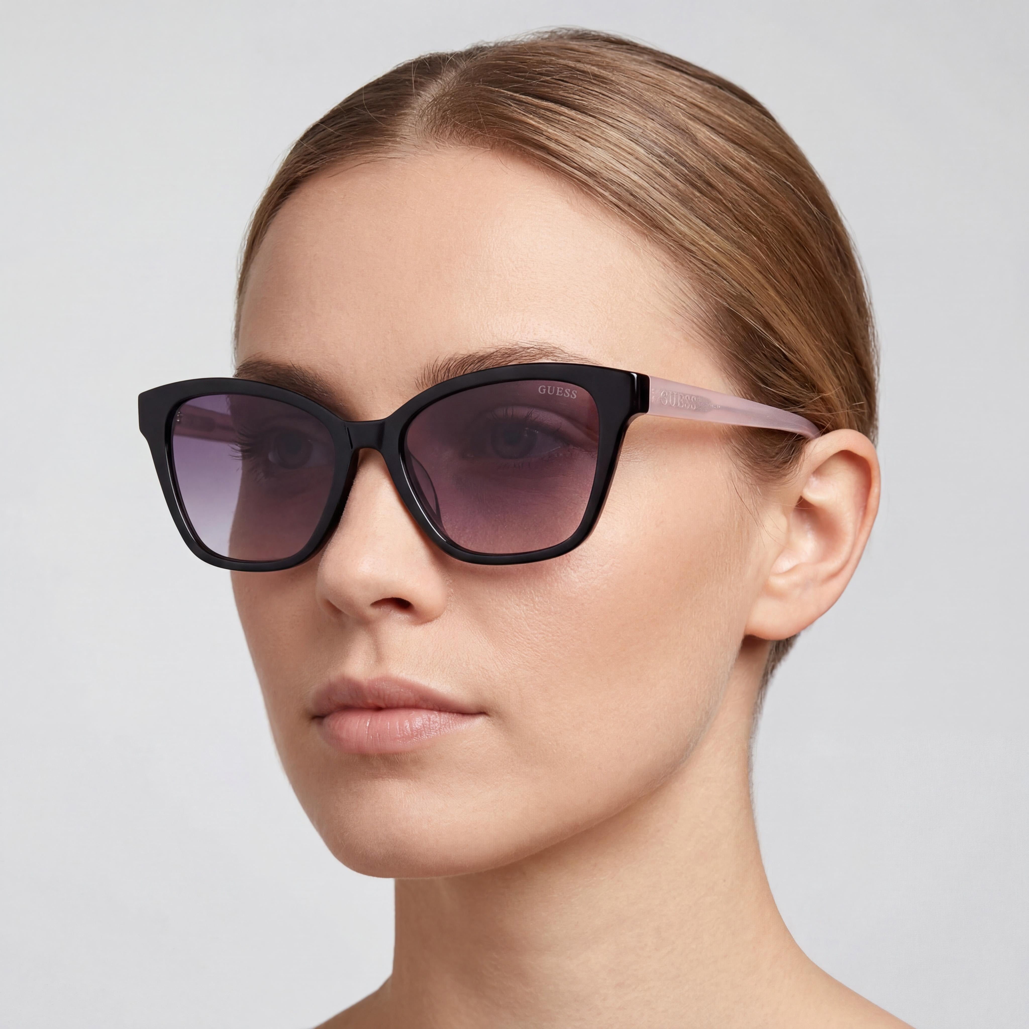 GUESS Pink Ribbon Square Plastic Sunglasses, Women's Black Acetate Frame, UV Protected Smoke Gradient Lenses 56mm, Photo 5