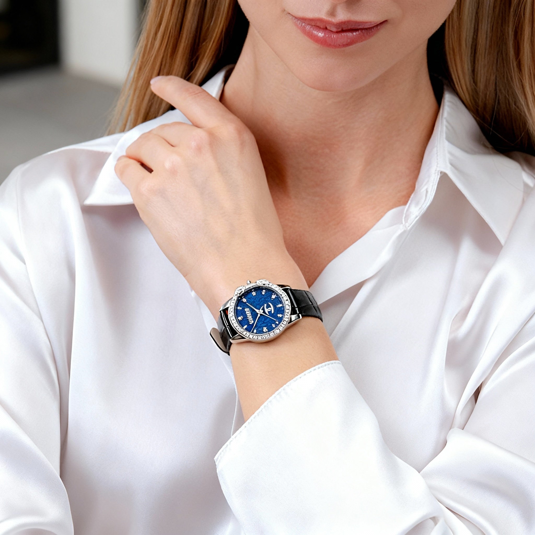 Just Cavalli Fashion Women's Waterproof Silver Stainless Steel Black Leather Strap Watch Blue Dial, Photo 4