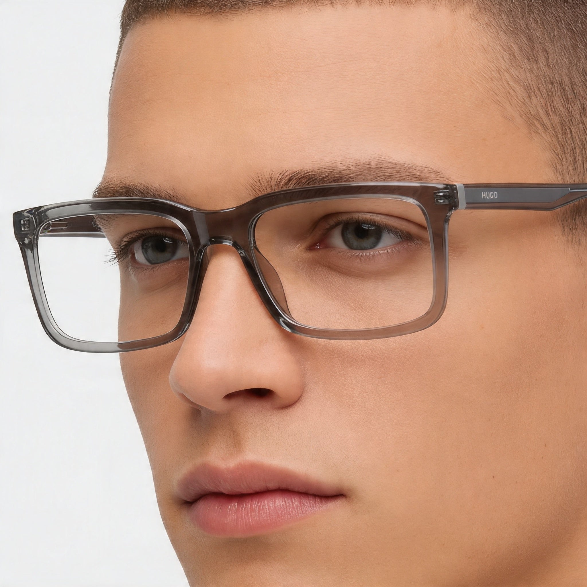 HUGO Modern Men's Eyeglasses with Grey Cellulose Frame and Clear Non-Polarized Lenses 55-19-145, Photo 4