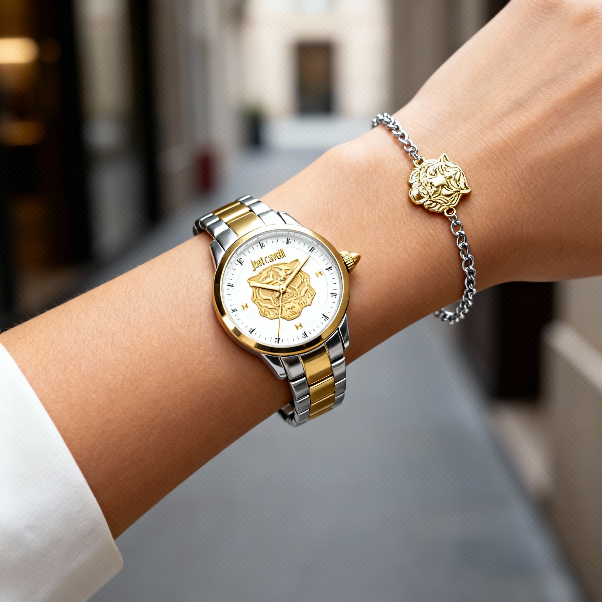 Just Cavalli Women's Two Tone Silver & Gold Stainless Steel Round Case & Bracelet Quartz Watch 30mm, Photo 3