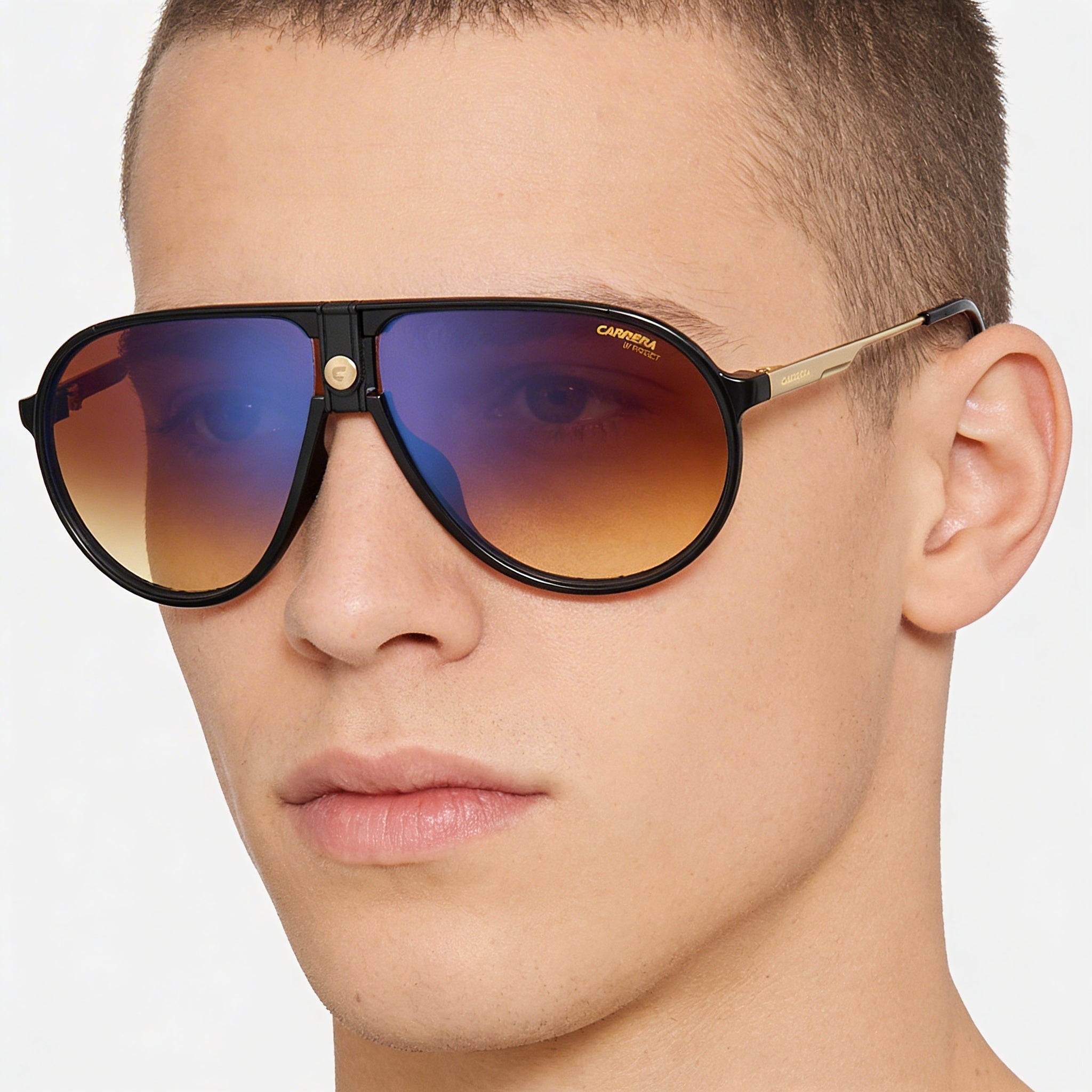 Carrera 1034/S Unisex Shiny Black Gold Plastic Brown Shaded Blue Mirrored Non-Polarized UV Protection Sunglasses 63mm, Photo 4