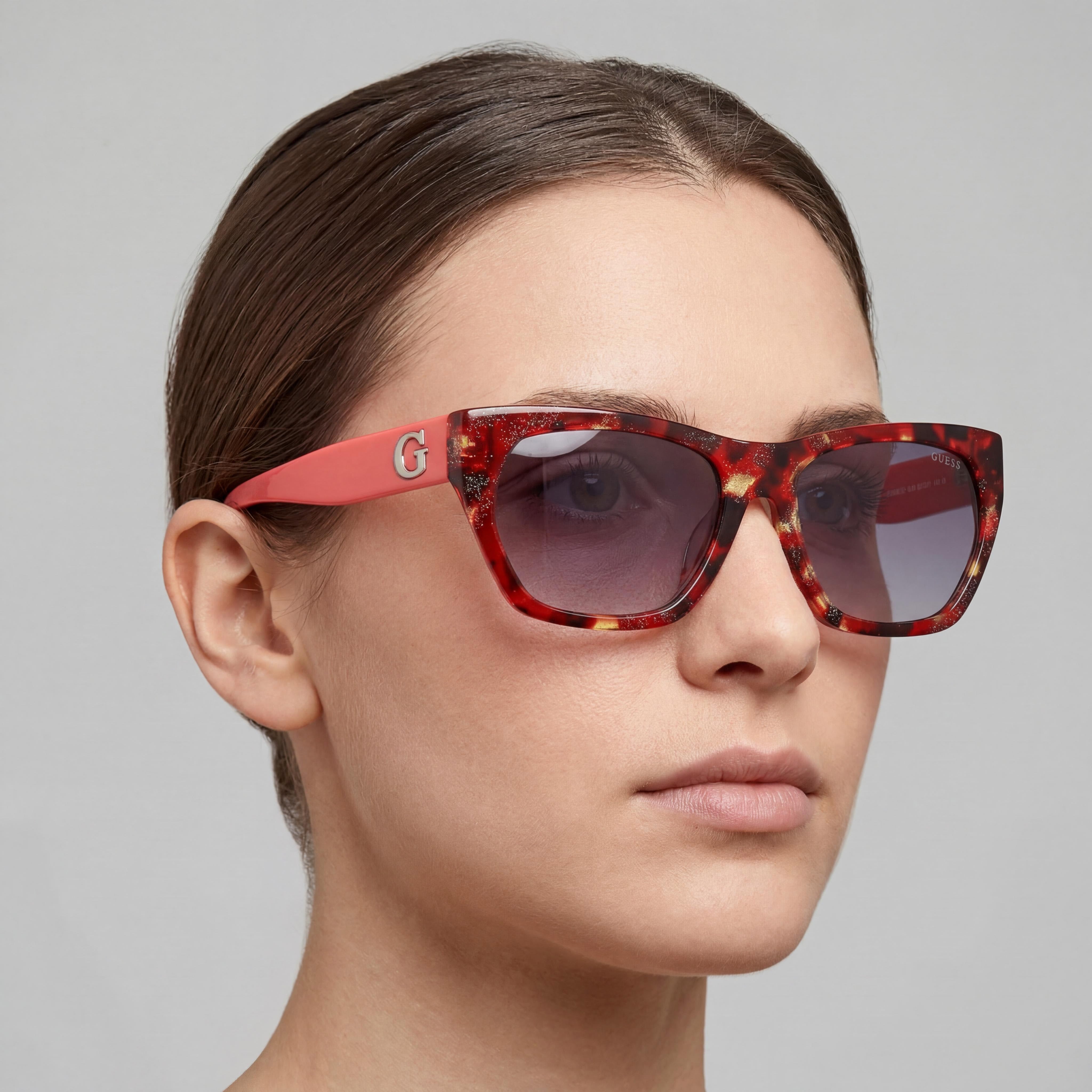 GUESS GU00203-H Comtemporary Women's Red Havana Acetate Sunglasses with UV Protection, Gradient Smoke Non-Polarized Lenses 56mm, Photo 5