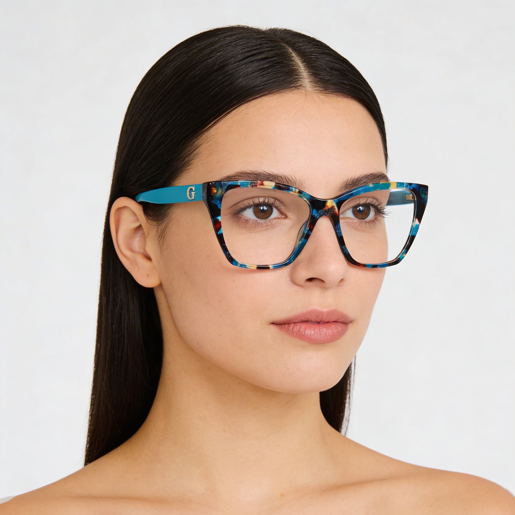 Gafas ópticas GUESS Gu50235 para mujer, armazón de plástico color habana turquesa con lentes transparentes de policarbonato de 52 mm, Photo 5