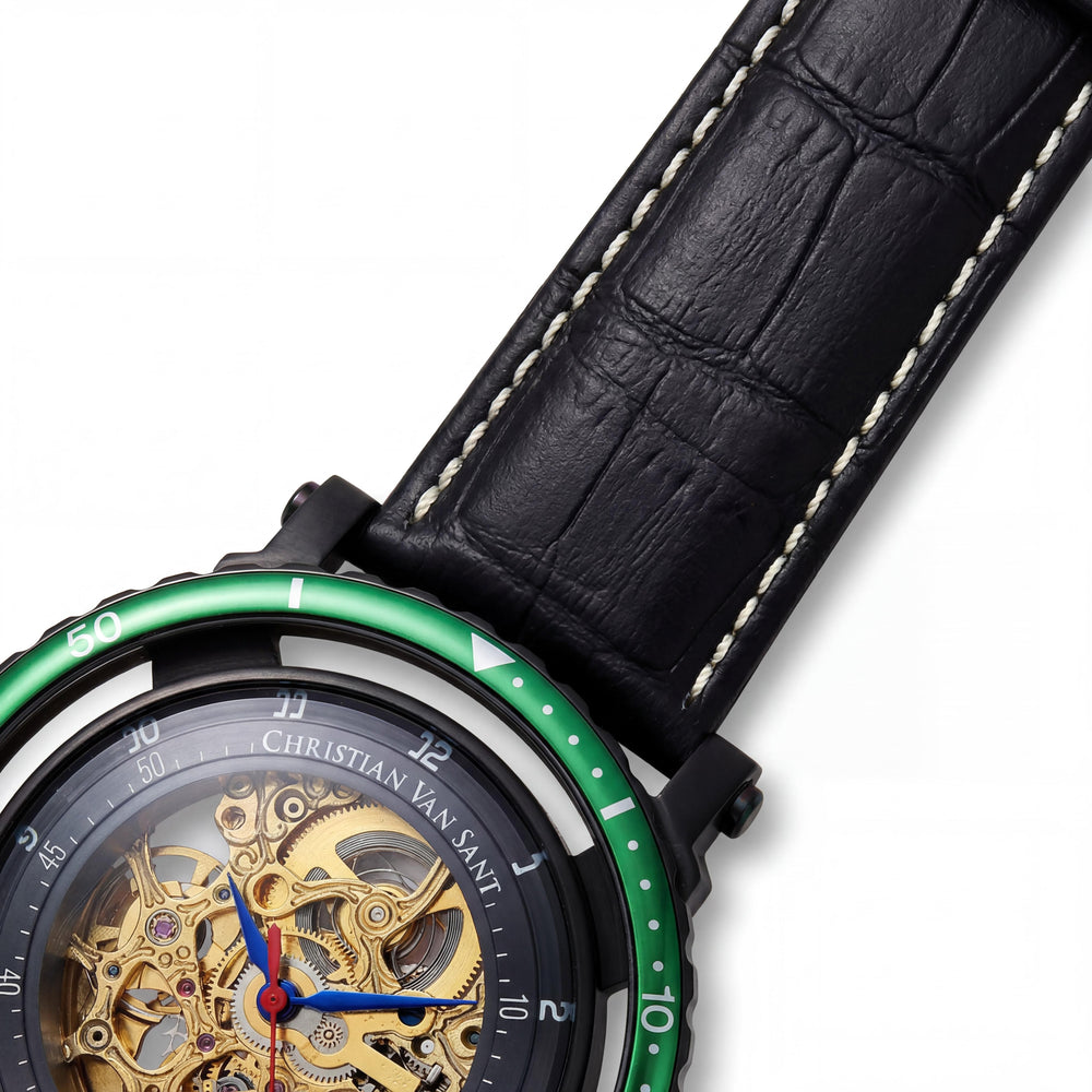 Christian Van Sant CV0745 Men’s Casual Black Stainless Steel Watch, Gold Skeleton Dial, Timer, Slide-Rule, 45mm Case