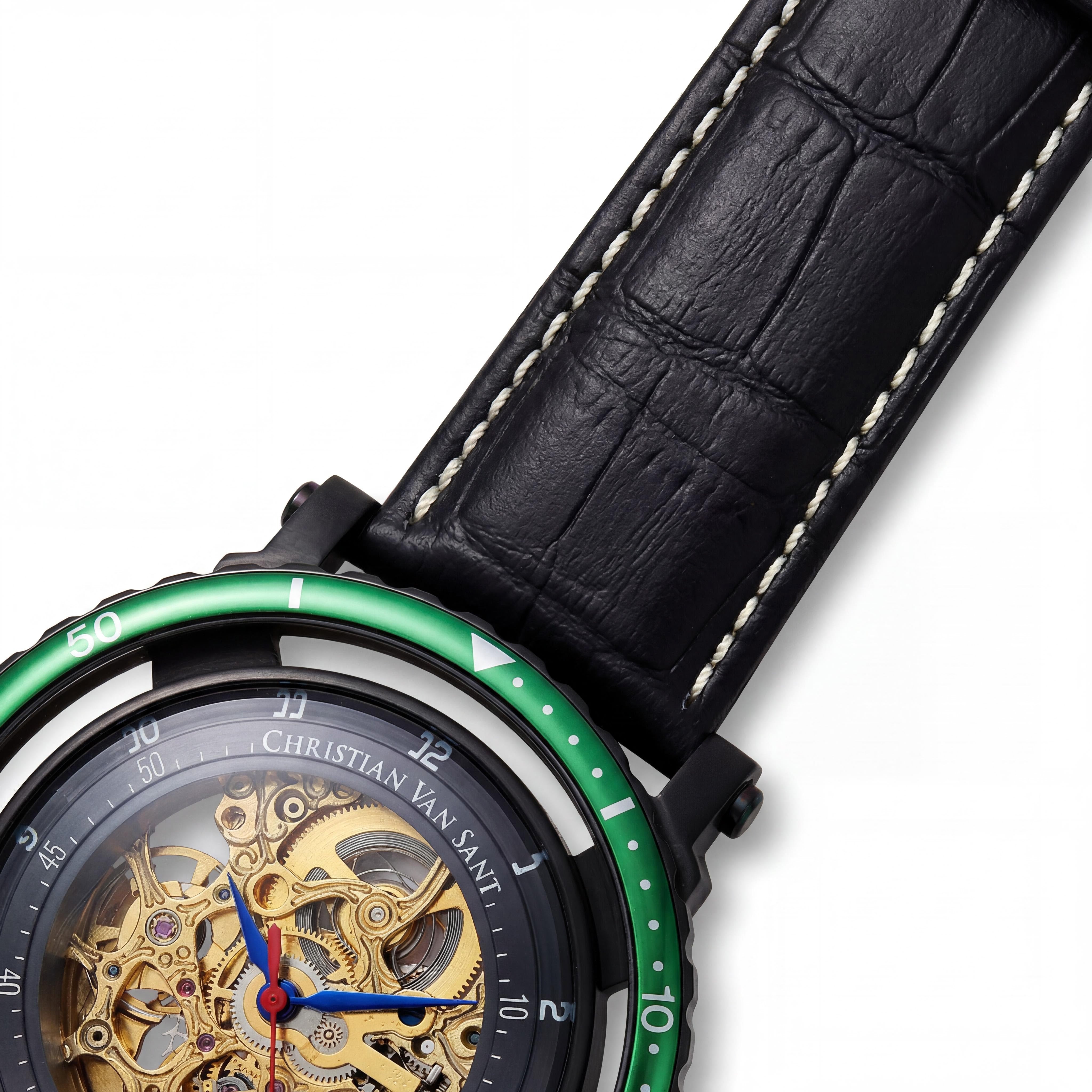 Reloj Christian Van Sant informal de acero inoxidable negro para hombre, esfera esqueleto dorada, cronómetro, regla de cálculo, caja de 45 mm, Photo 3